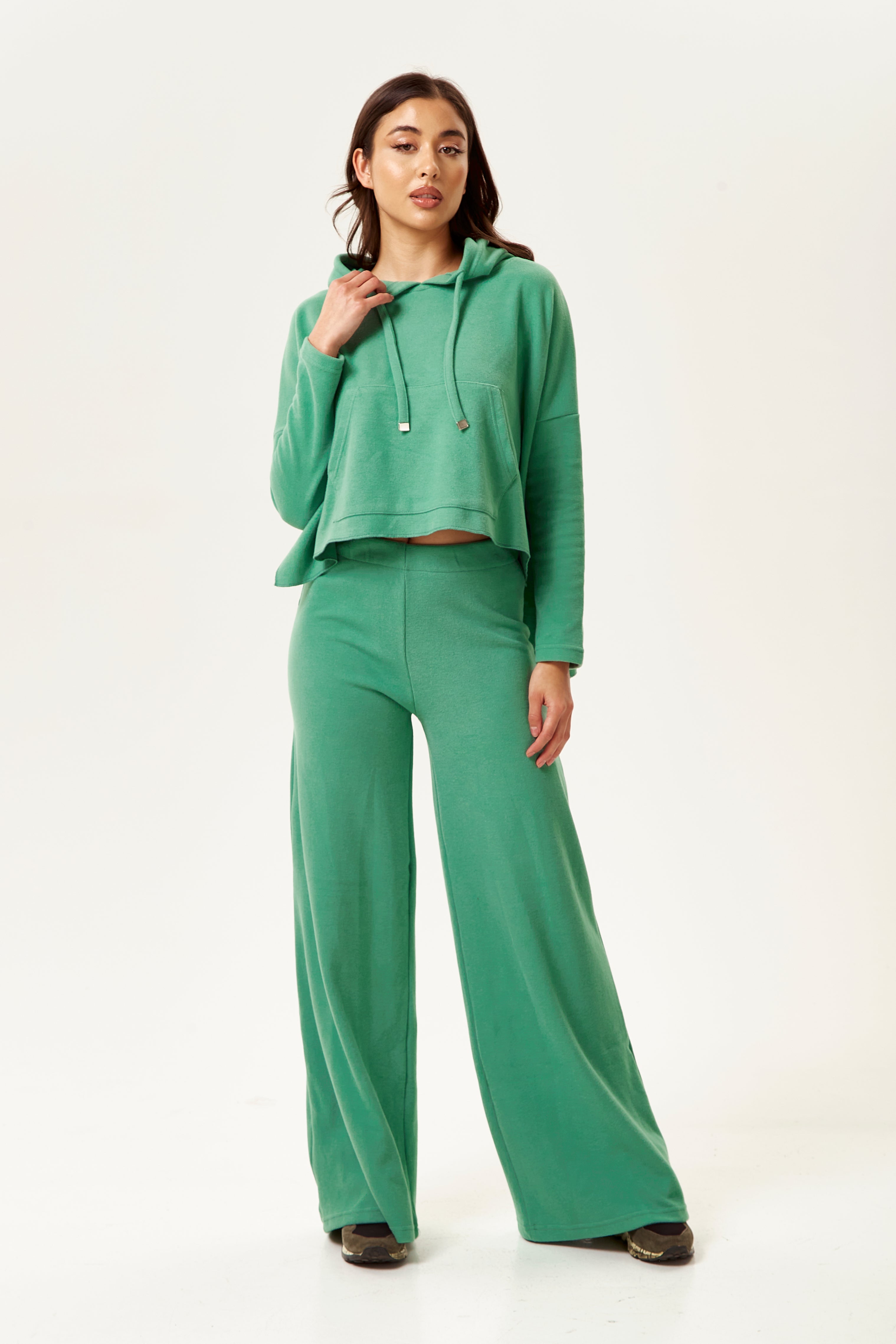 Women's Trousers in Green with High Waisted Wide-Leg Style, Perfect for Casual Days - Liquorish