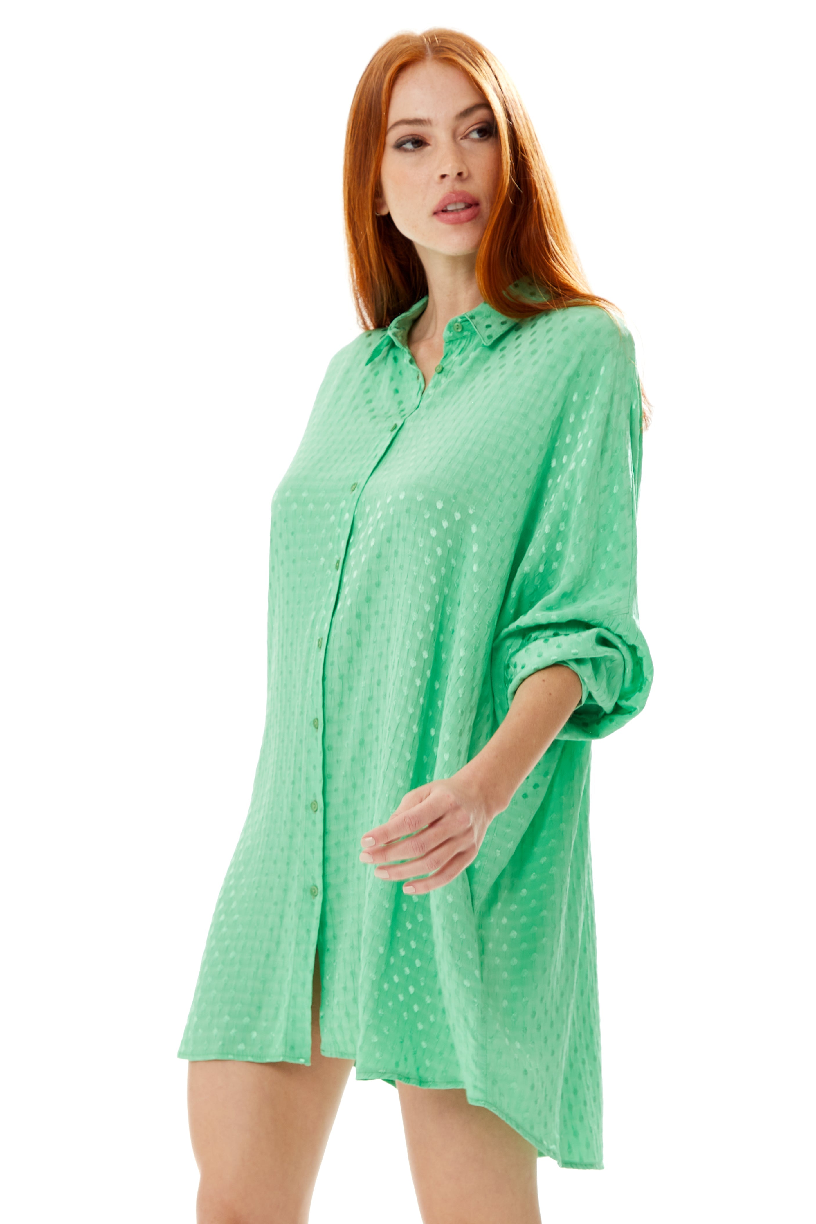 Women's Green Jacquard Long Sleeve Oversized Button-Up Shirt with Collar and Loose Fit for a Chic Look