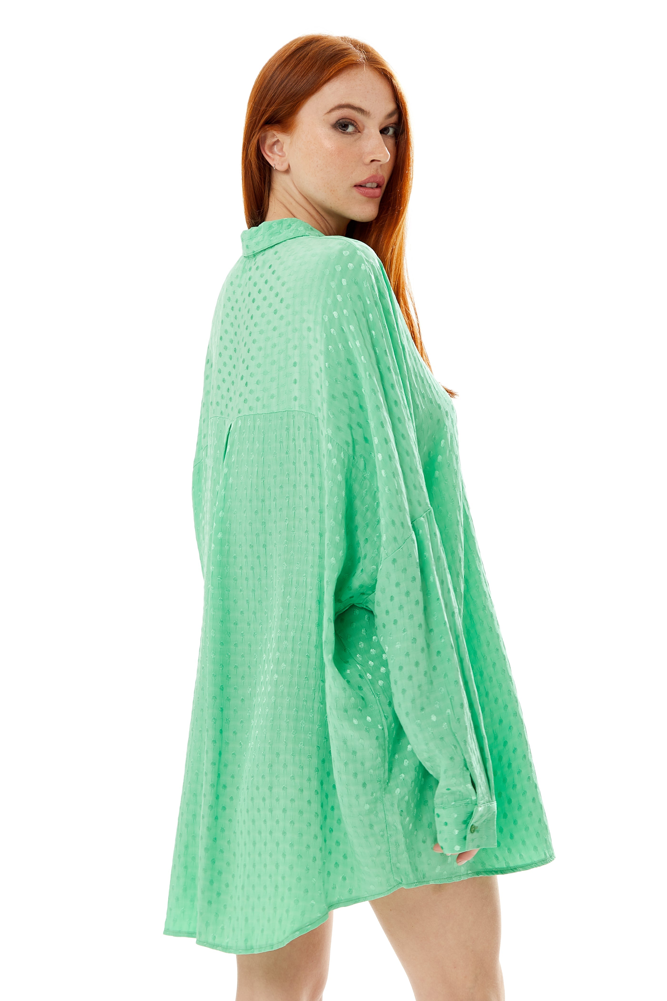 Women's Green Jacquard Long Sleeve Oversized Button-Up Shirt with Collar and Loose Fit for a Chic Look