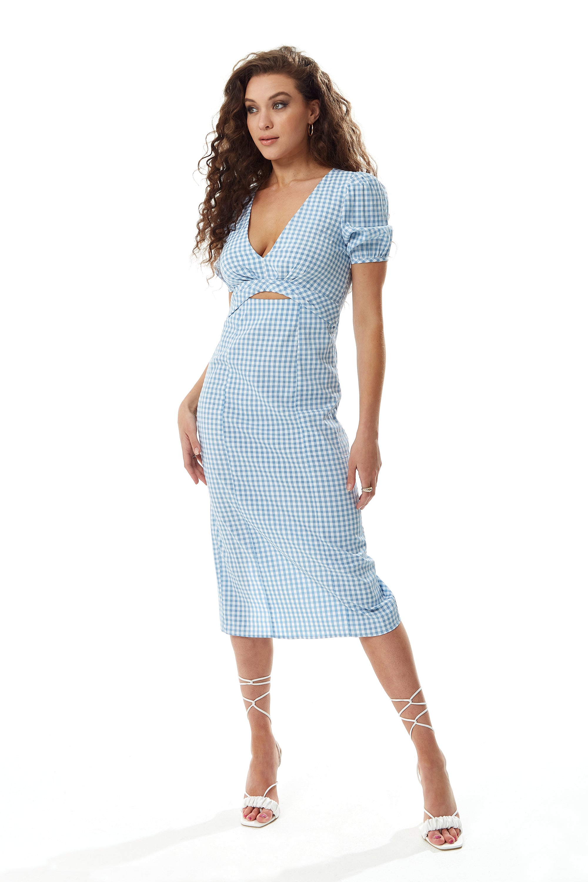 Women's Midi Dress with Short Sleeves and Cut Out Front in Blue and White - Liquorish