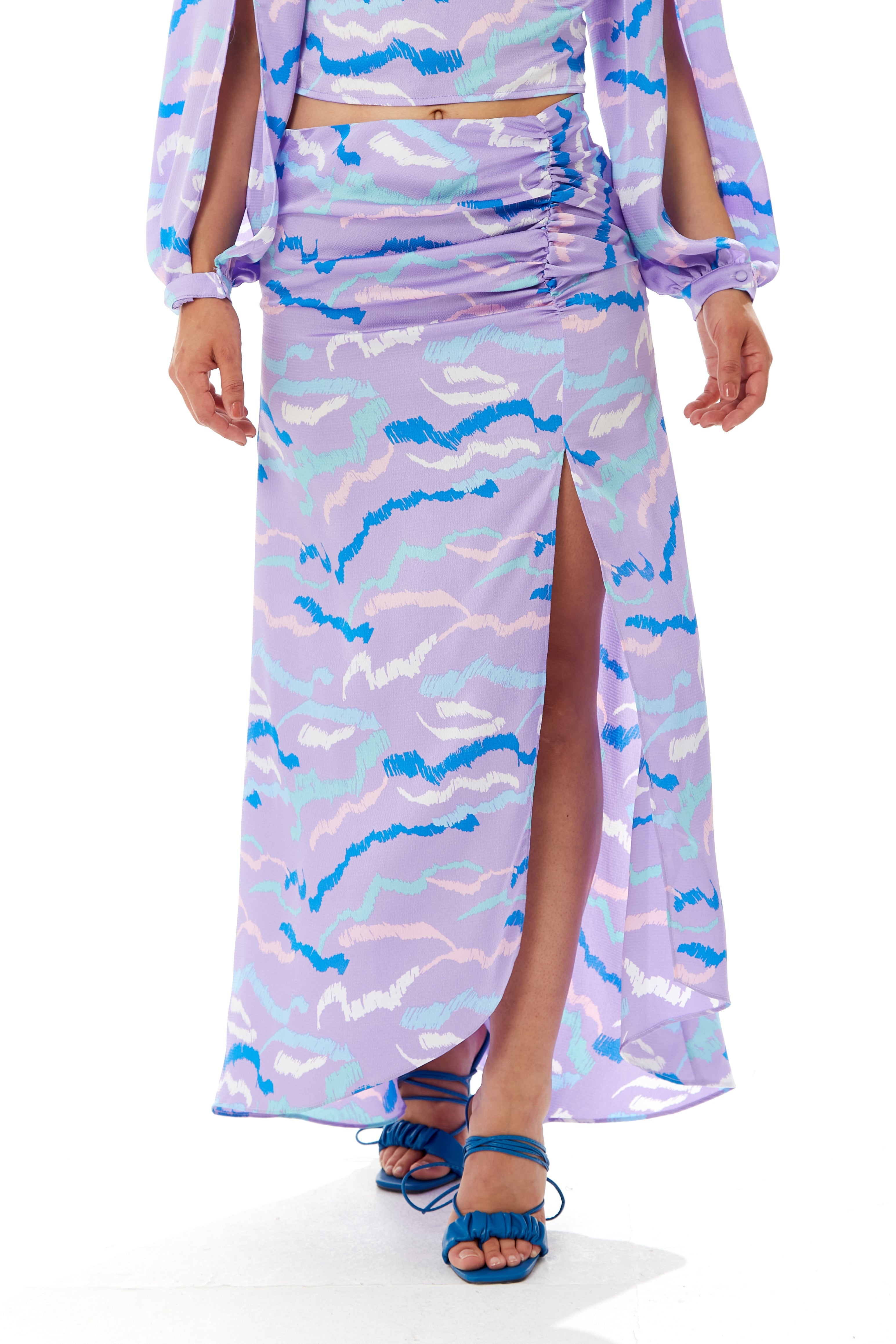 Women's Abstract Print Gathered Front Slit Maxi Skirt - Regular Fit, 100% Polyester, in Stunning Colors - Liquorish