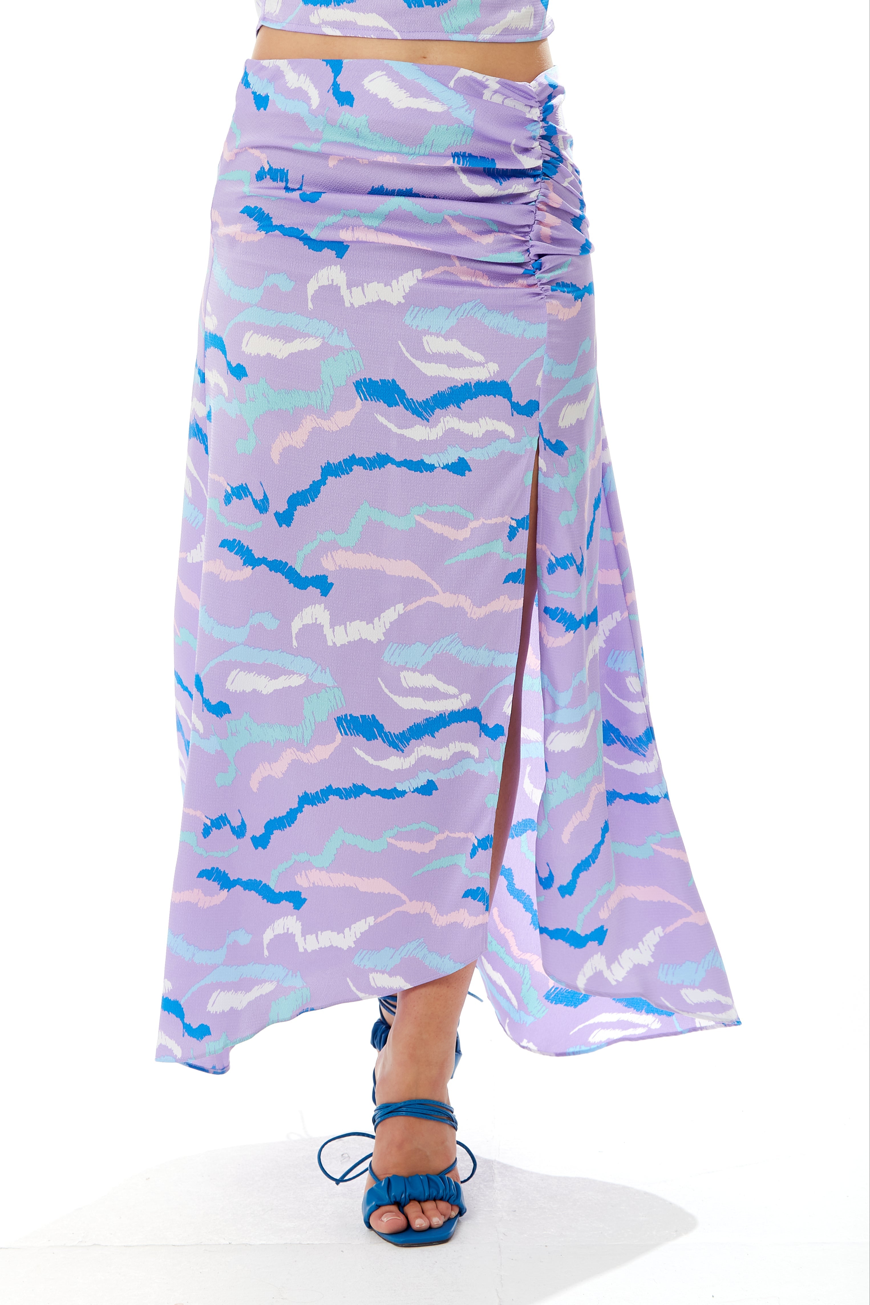 Women's Abstract Print Gathered Front Slit Maxi Skirt - Regular Fit, 100% Polyester, in Stunning Colors - Liquorish