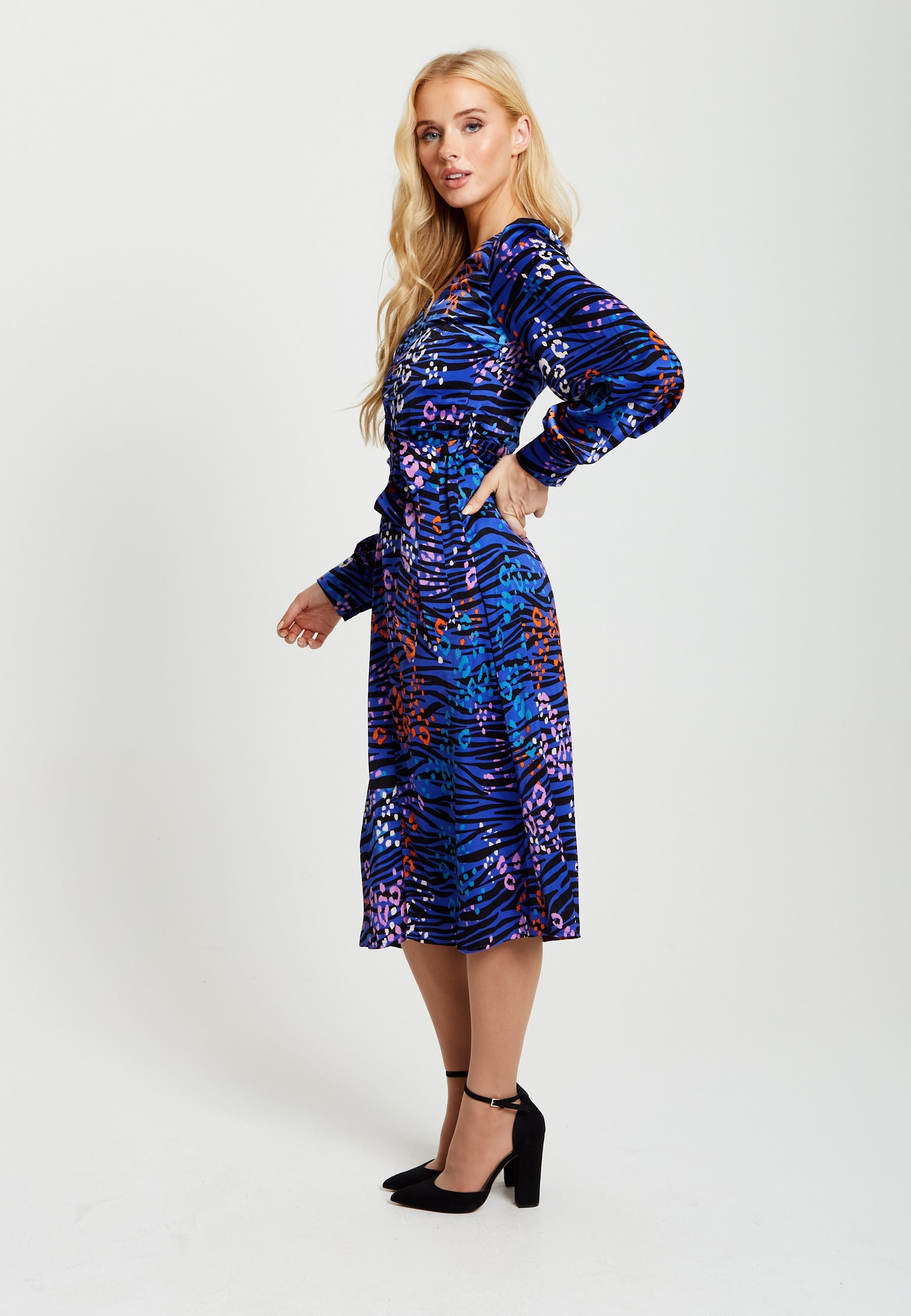 Women's Midi Dress in Electric Blue with Long Balloon Sleeves - Vivid Zebra Print by Liquorish