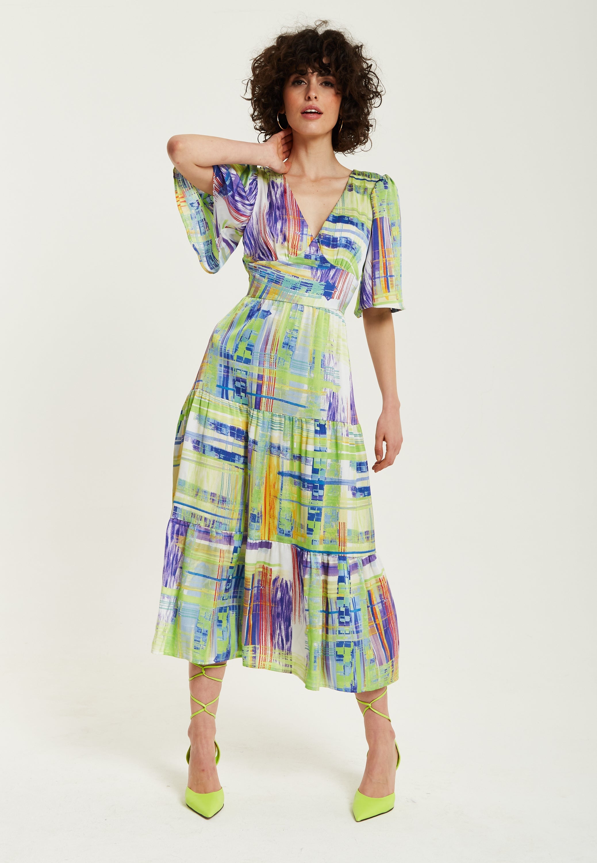 Women's Midi Dress in Green with Short Kimono Sleeves and V Neck - Abstract Print by Liquorish