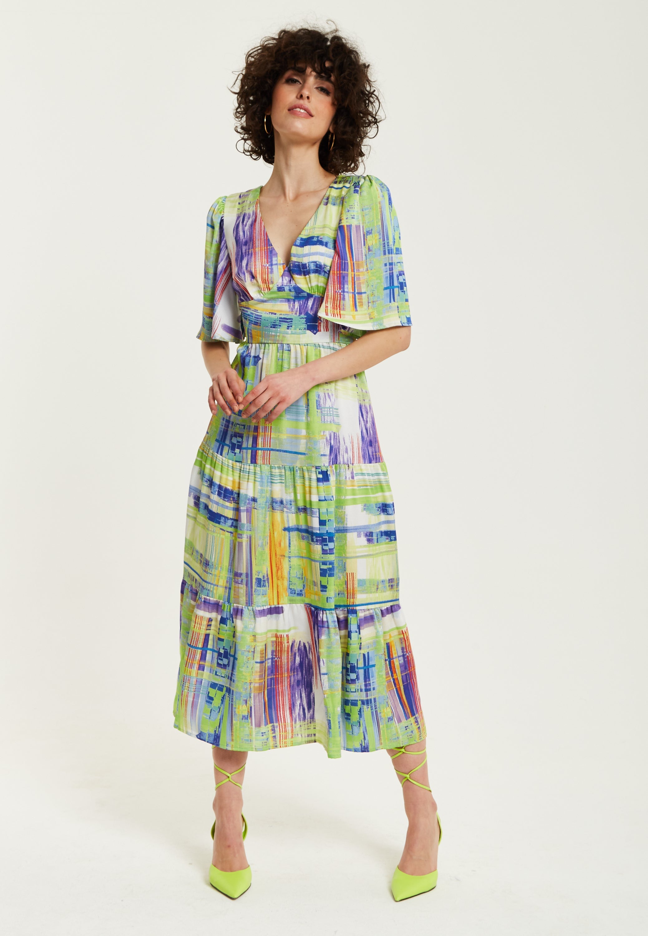 Women's Midi Dress in Green with Short Kimono Sleeves and V Neck - Abstract Print by Liquorish