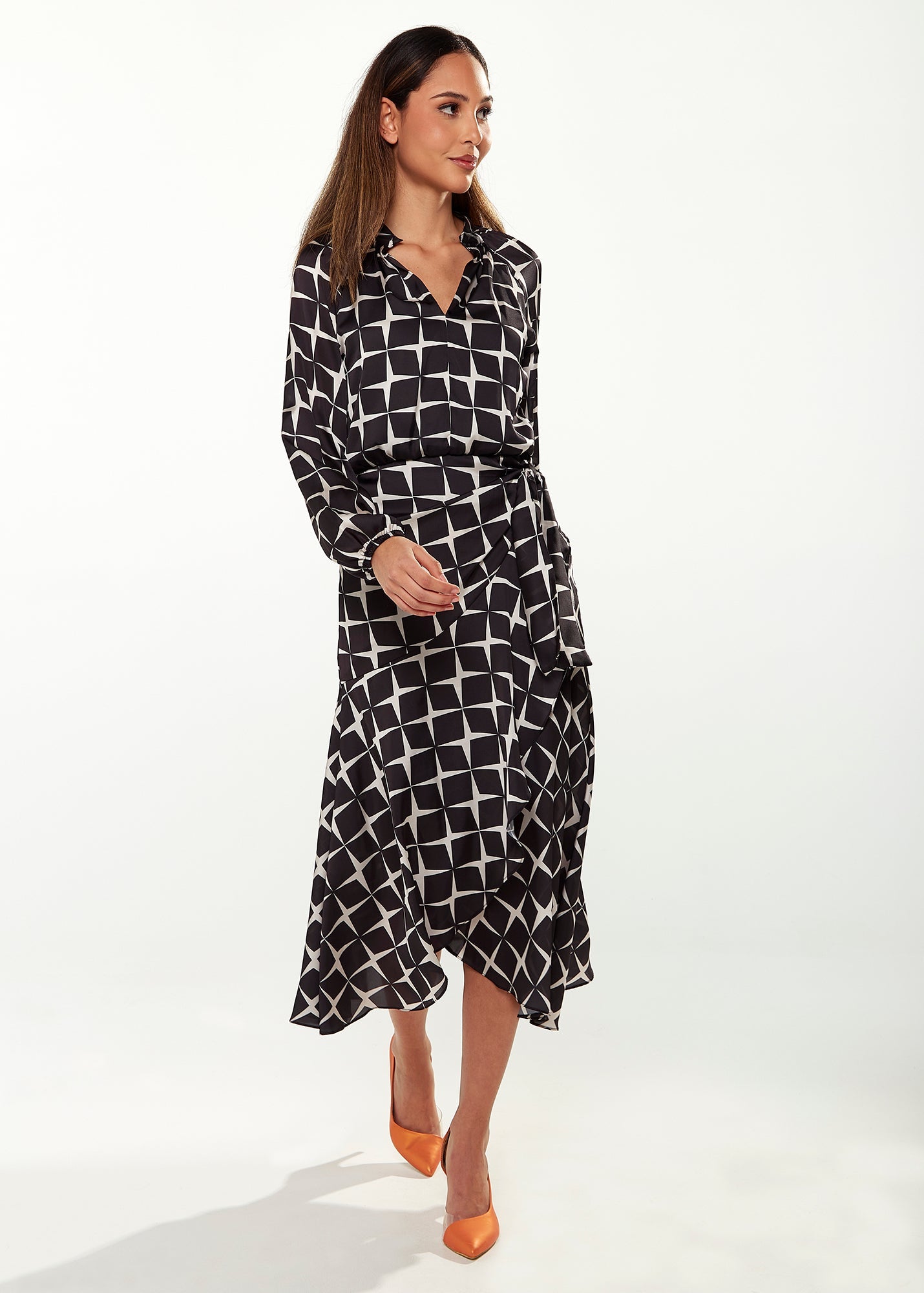 Women’s Midi Wrap Dress in Black & White with Full Length Balloon Sleeves - Liquorish