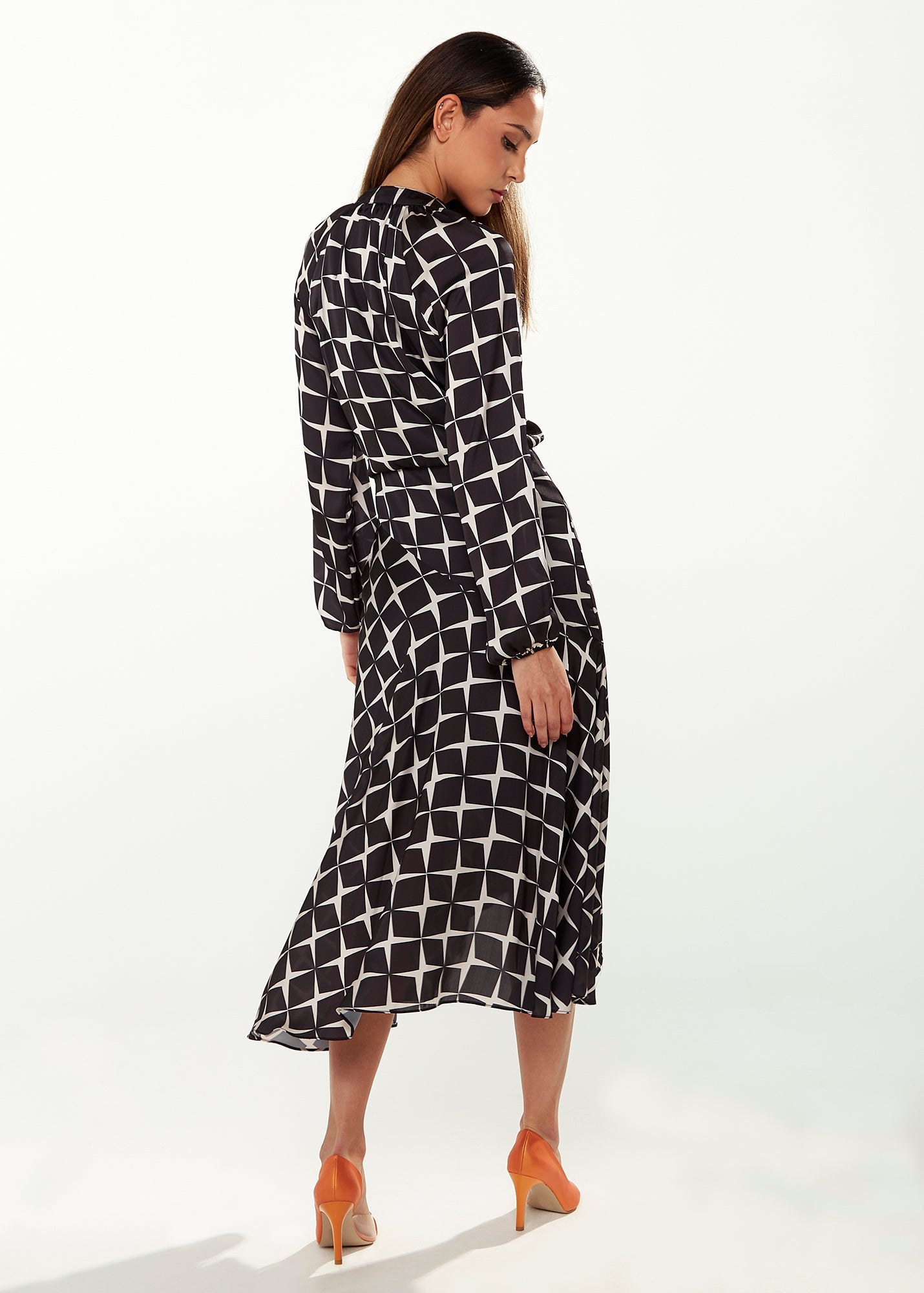 Women’s Midi Wrap Dress in Black & White with Full Length Balloon Sleeves - Liquorish