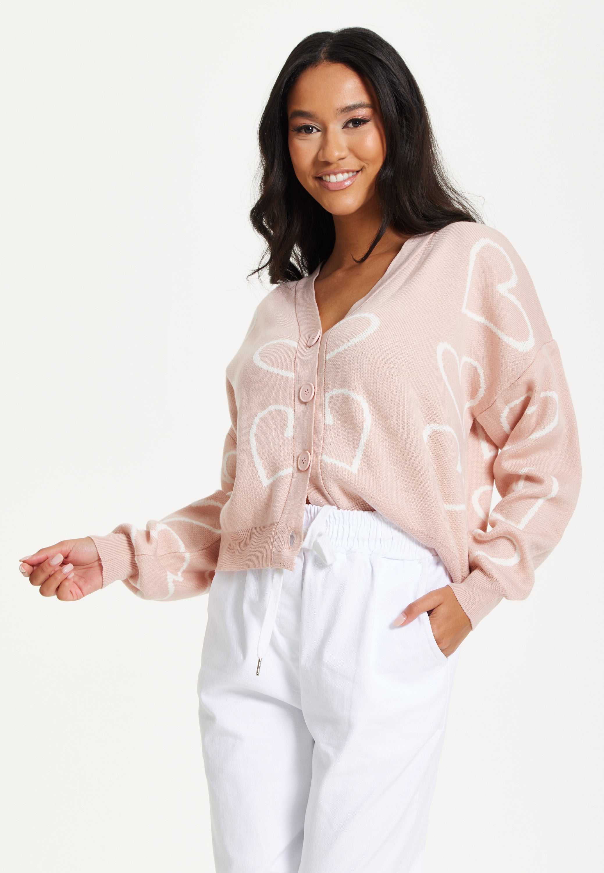 Blush Pink Heart Print Cardigan