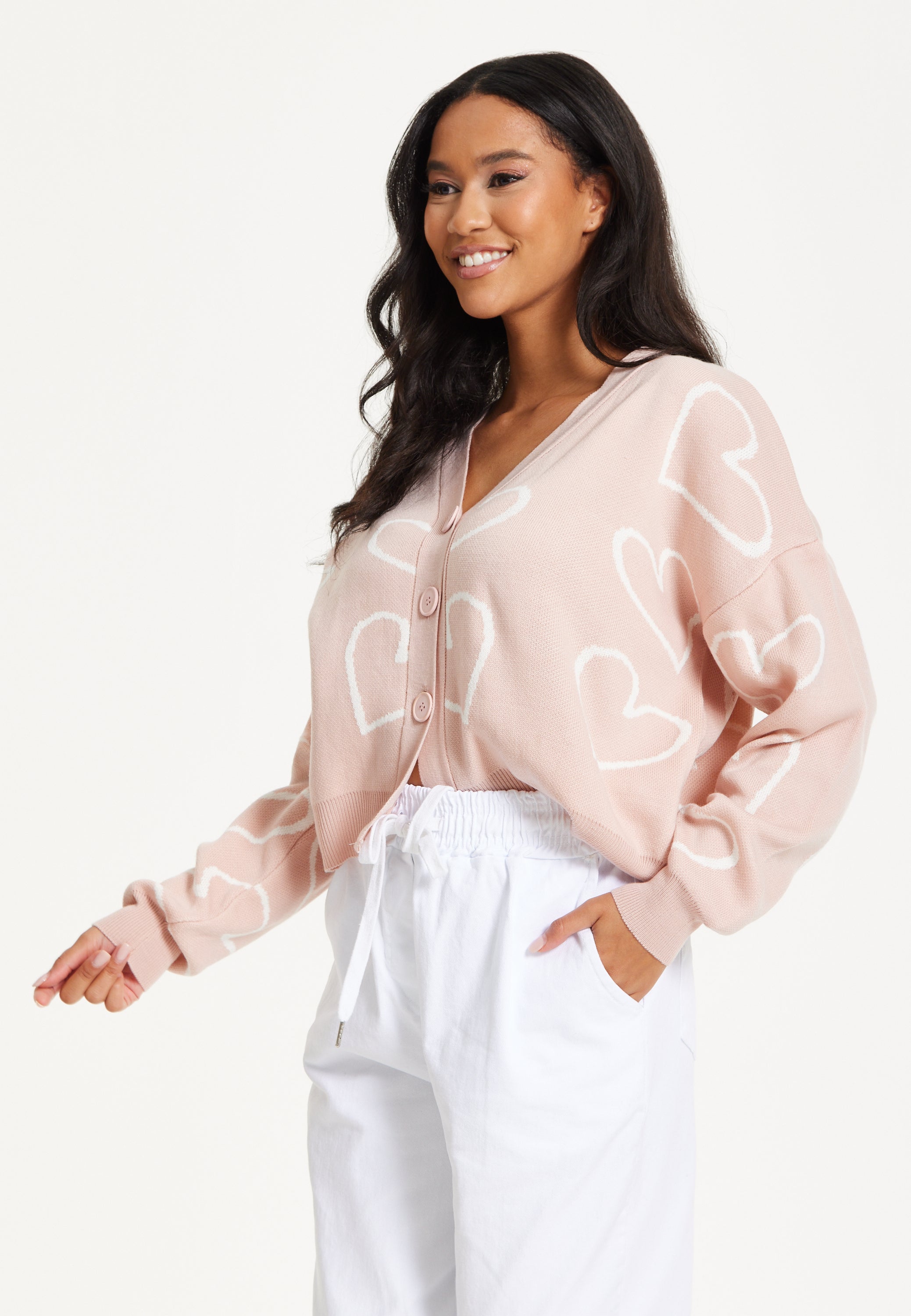 Blush Pink Heart Print Cardigan