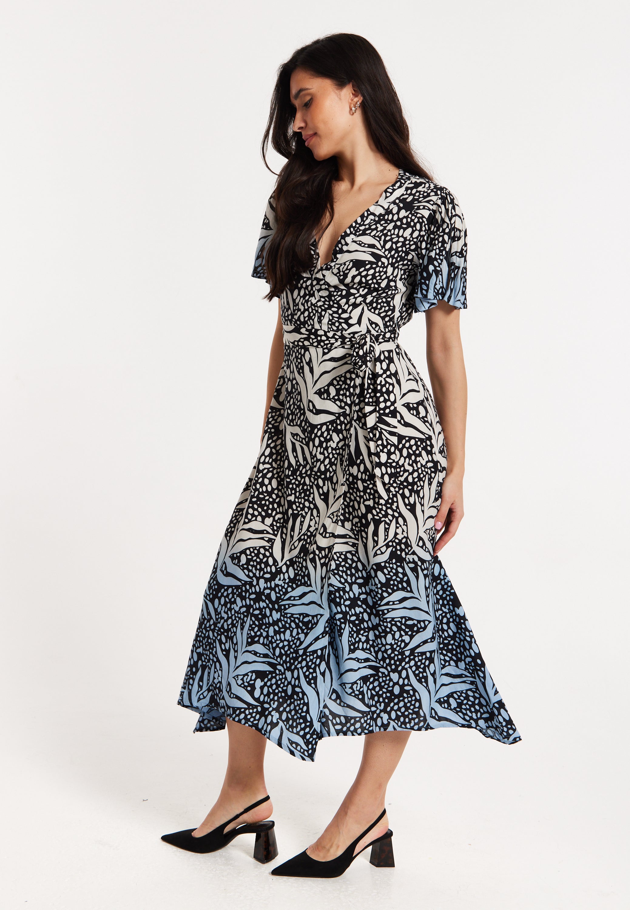 Printed Blue Dip Dye Wrap Midaxi Dress