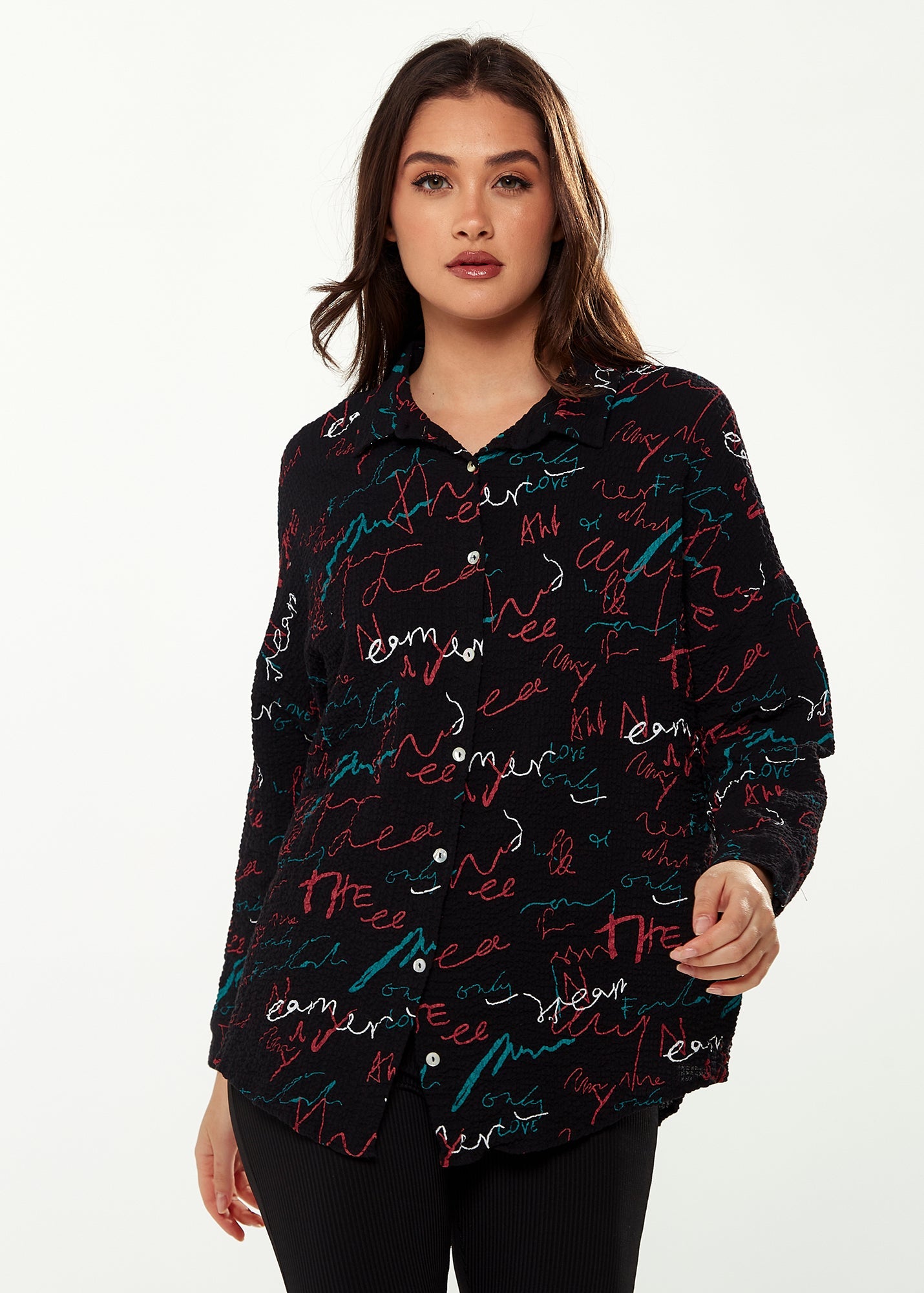 Women's Shirt with Multicolour Signature Pattern in Black - Long Sleeves, Classic Collar, Button-Up Style, Regular Fit