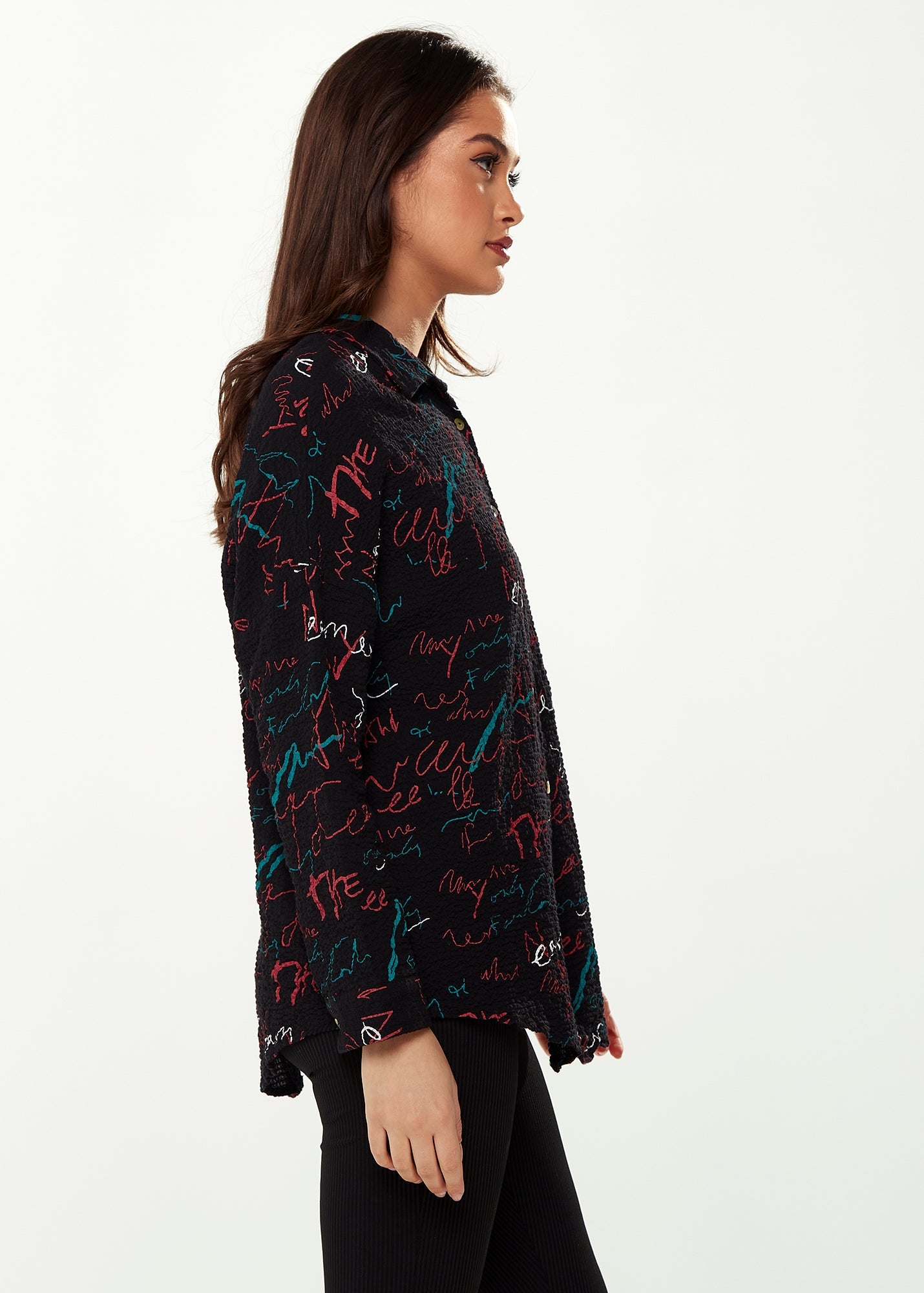 Women's Shirt with Multicolour Signature Pattern in Black - Long Sleeves, Classic Collar, Button-Up Style, Regular Fit