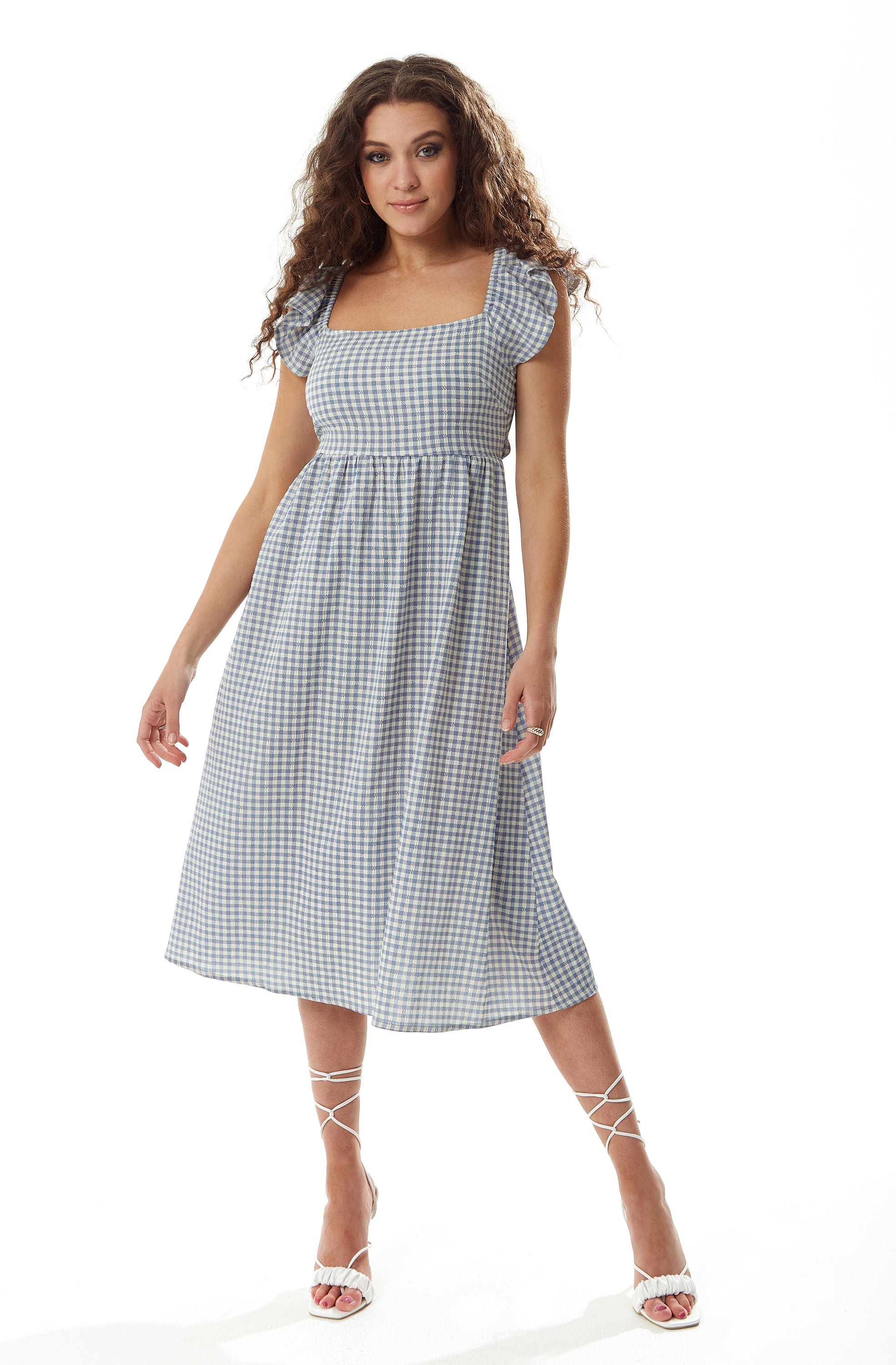 Women's Midi Dress with Frill Sleeves in Blue and Cream Gingham - Cut Out Back and Tie Detail by Liquorish