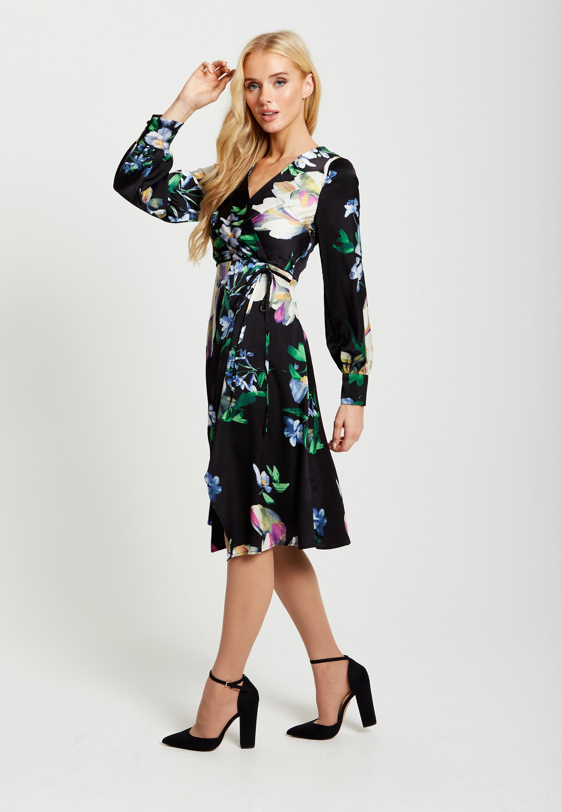 Women's Midi Wrap Dress in Black with Long Balloon Sleeves Featuring Floral Print by Liquorish