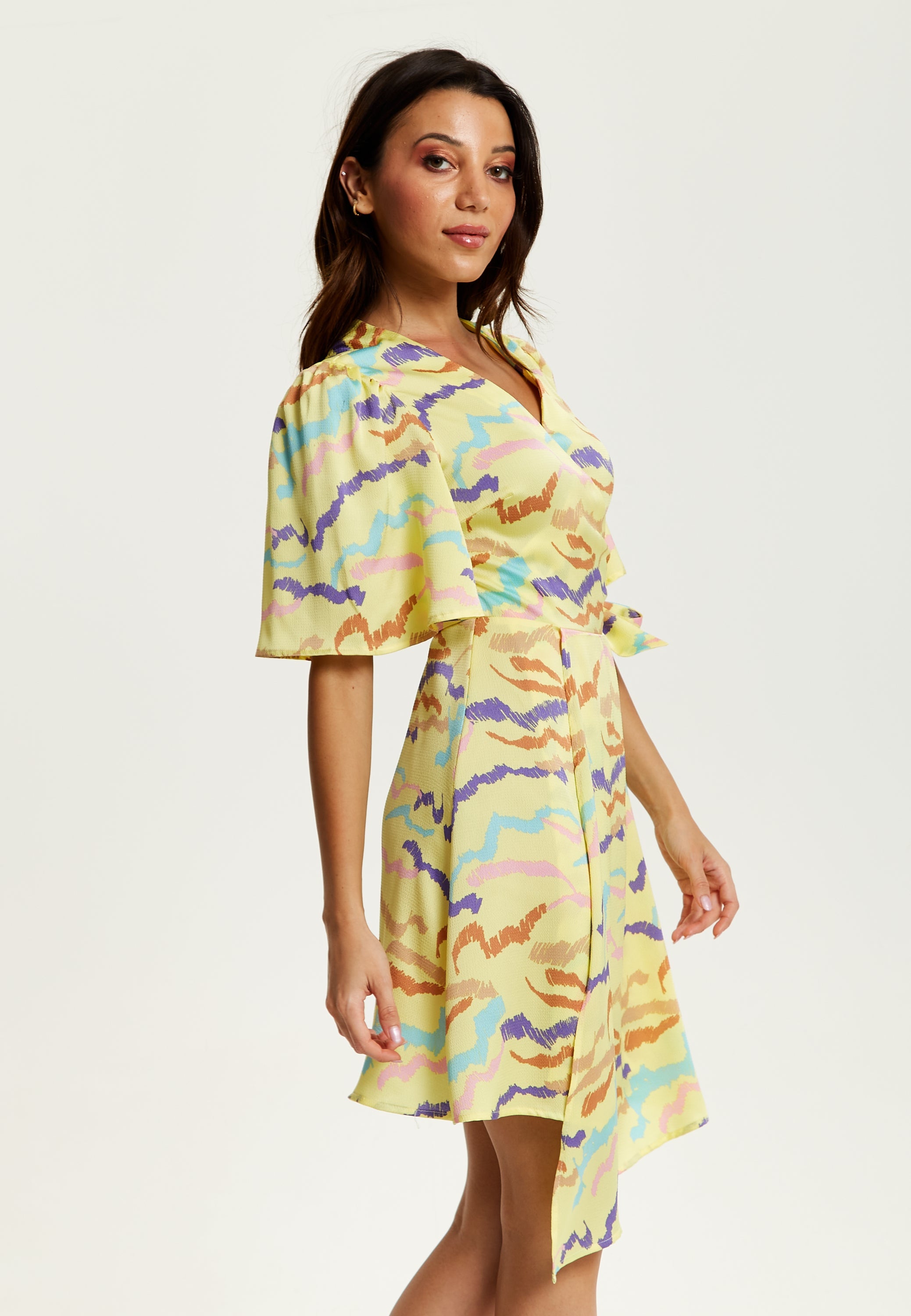 Women's Midi Wrap Dress in Yellow with Kimono Sleeves and Abstract Print - Stylish Design by Liquorish