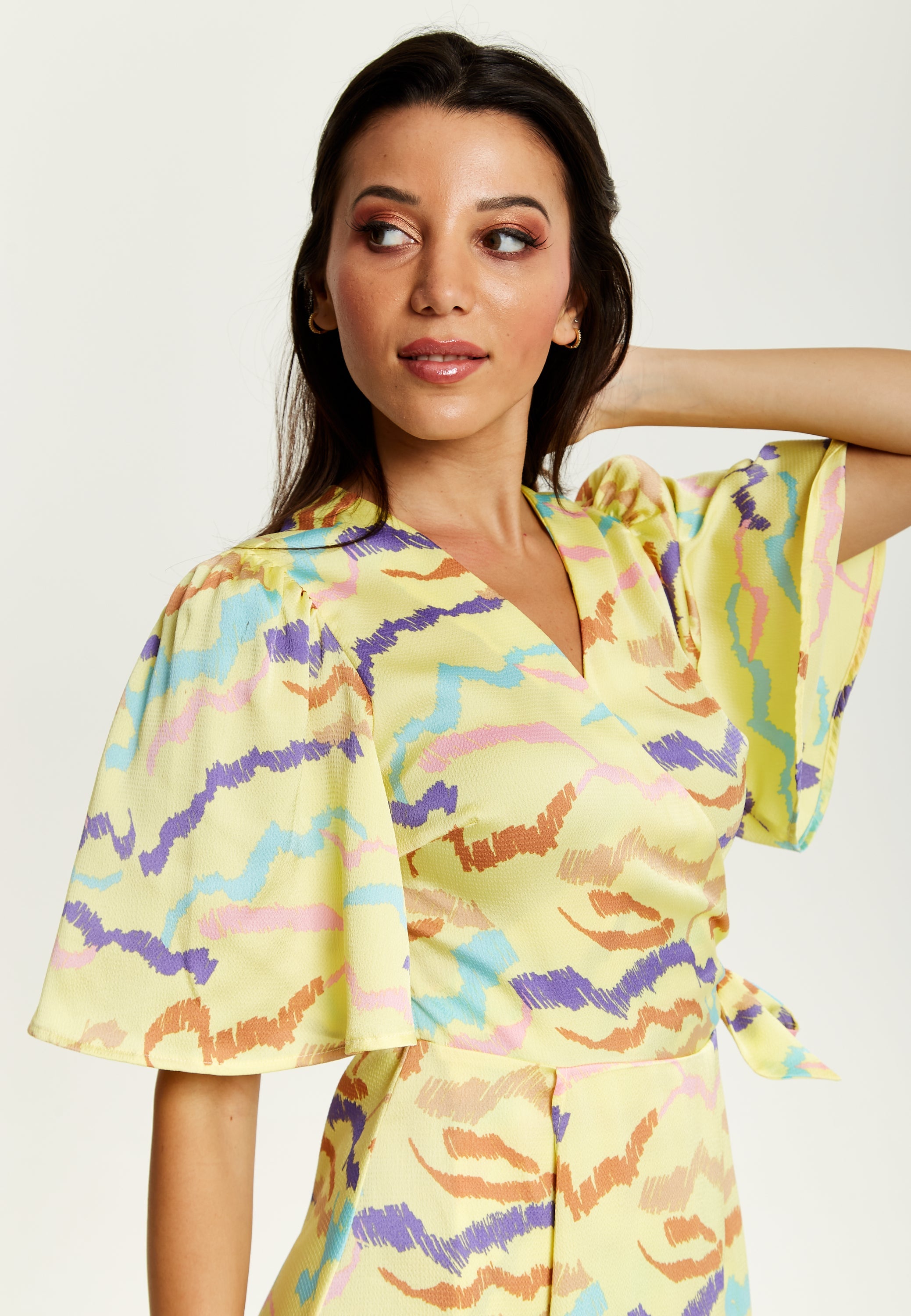 Women's Midi Wrap Dress in Yellow with Kimono Sleeves and Abstract Print - Stylish Design by Liquorish