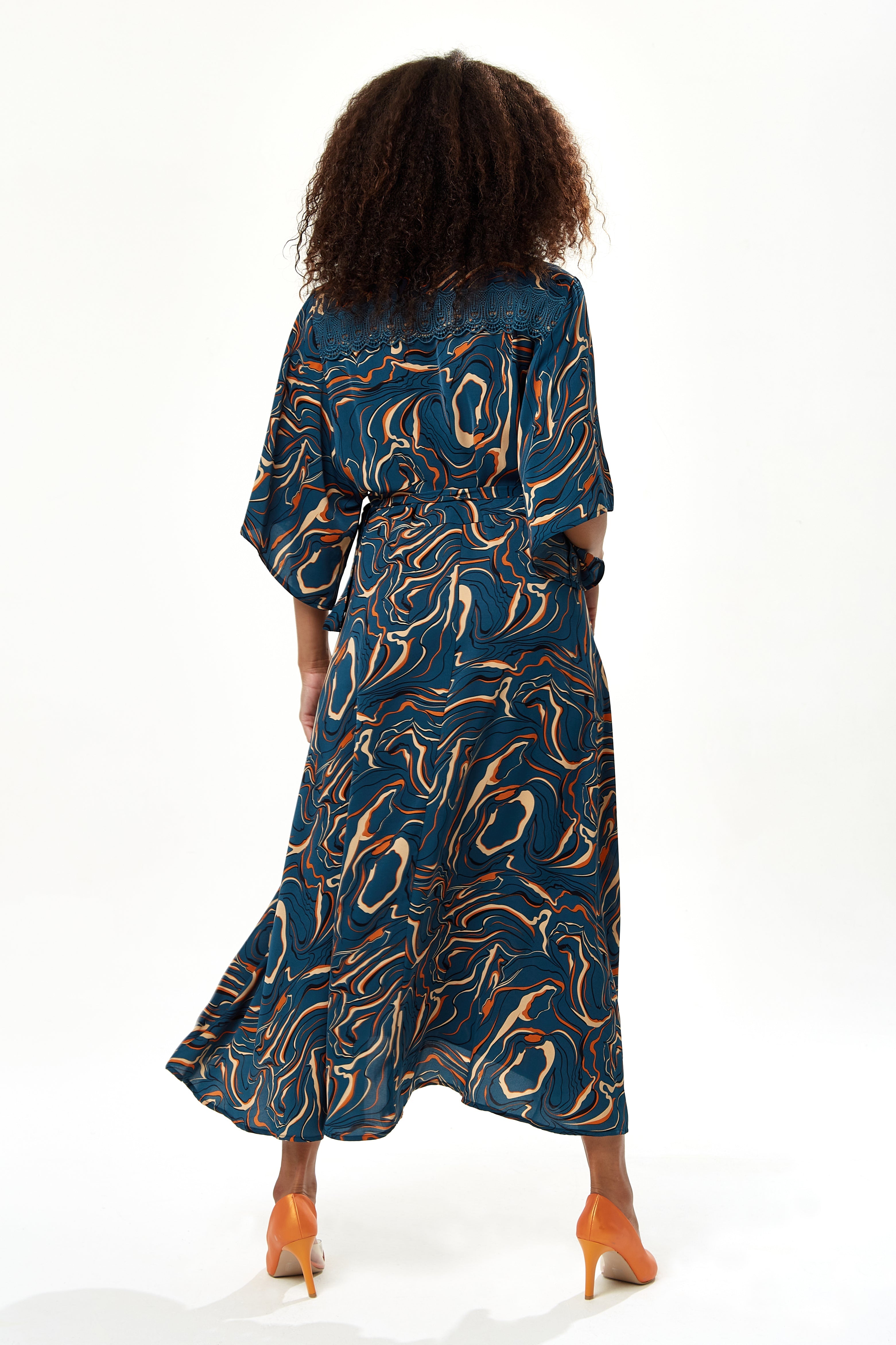 Women's Maxi Dress in Dark Green with Kimono Sleeves and Scribble Print Wrap Design by Liquorish