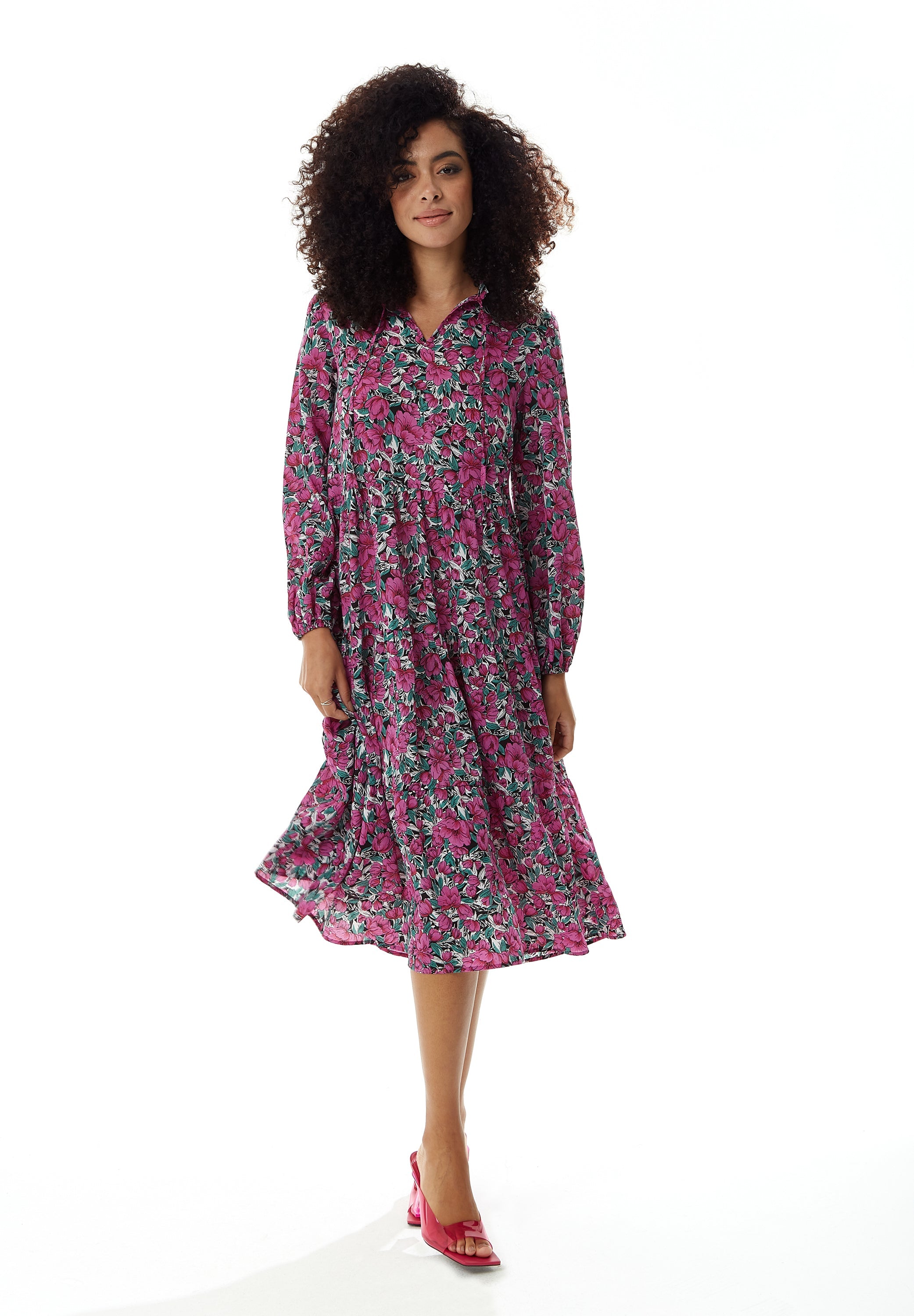 Women's Midi Dress with Long Sleeves in Divine Grace Purple Floral Smock Style by Liquorish