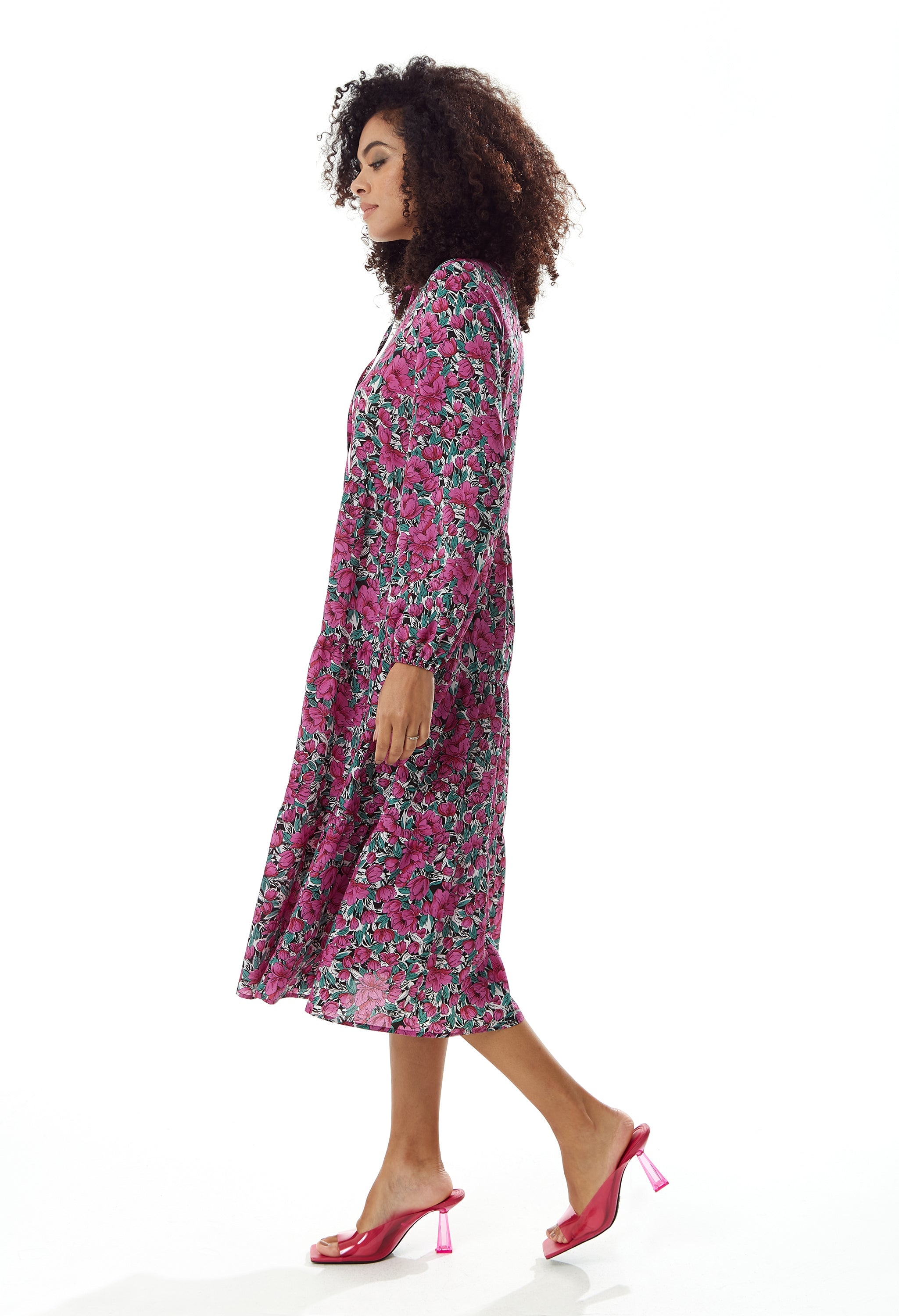 Women's Midi Dress with Long Sleeves in Divine Grace Purple Floral Smock Style by Liquorish