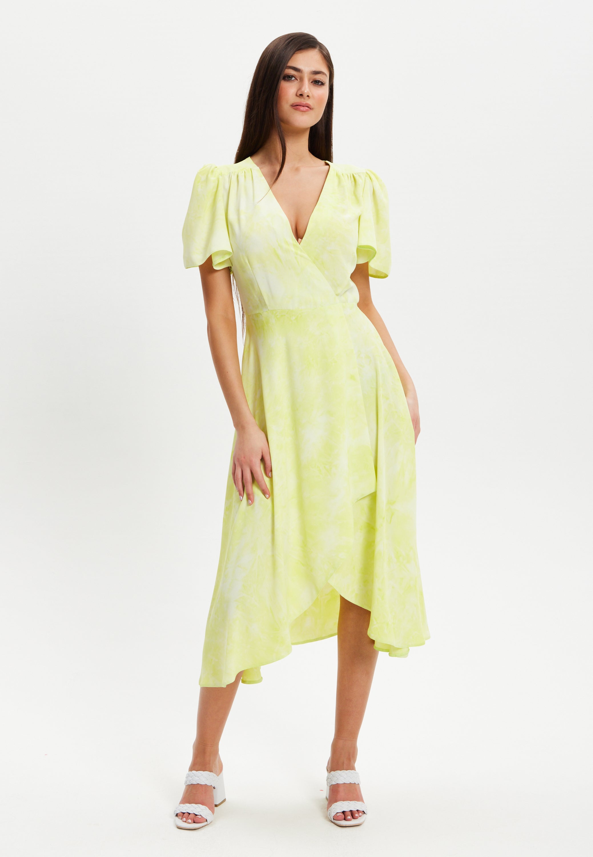 Women’s Midi Dress in Pistachio with Angel Sleeves - Elegant Liquorish Design