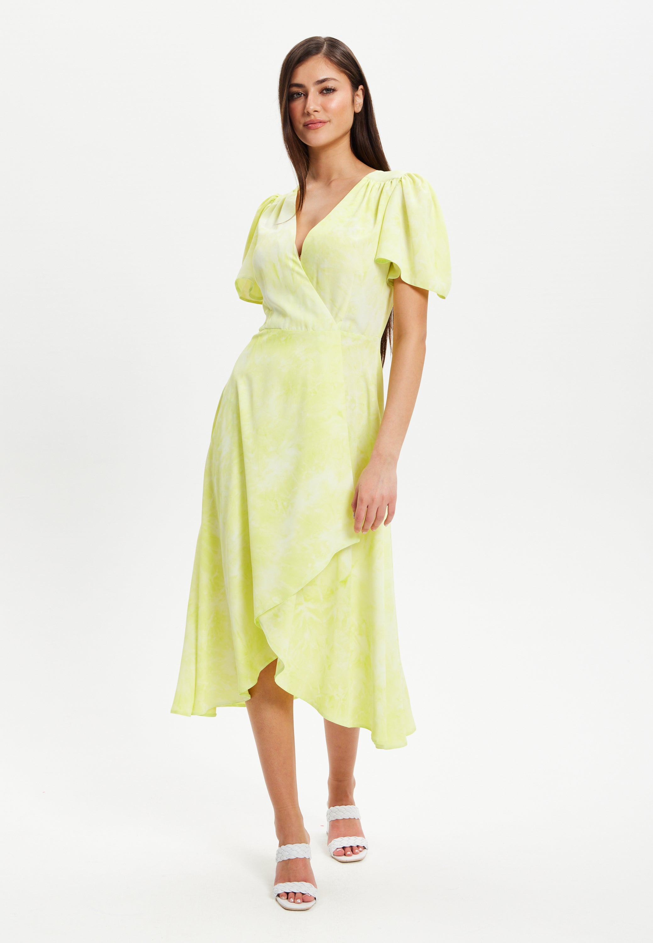 Women’s Midi Dress in Pistachio with Angel Sleeves - Elegant Liquorish Design