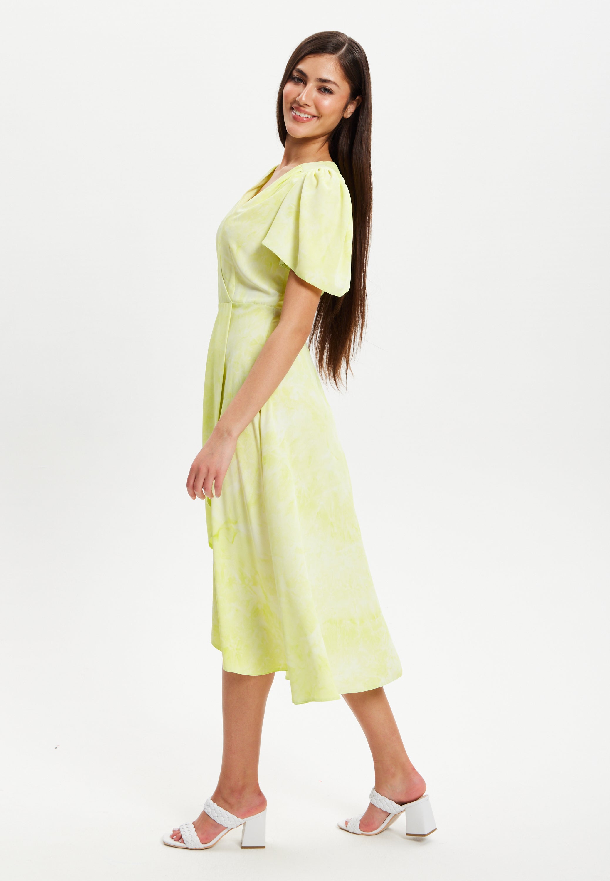 Women’s Midi Dress in Pistachio with Angel Sleeves - Elegant Liquorish Design