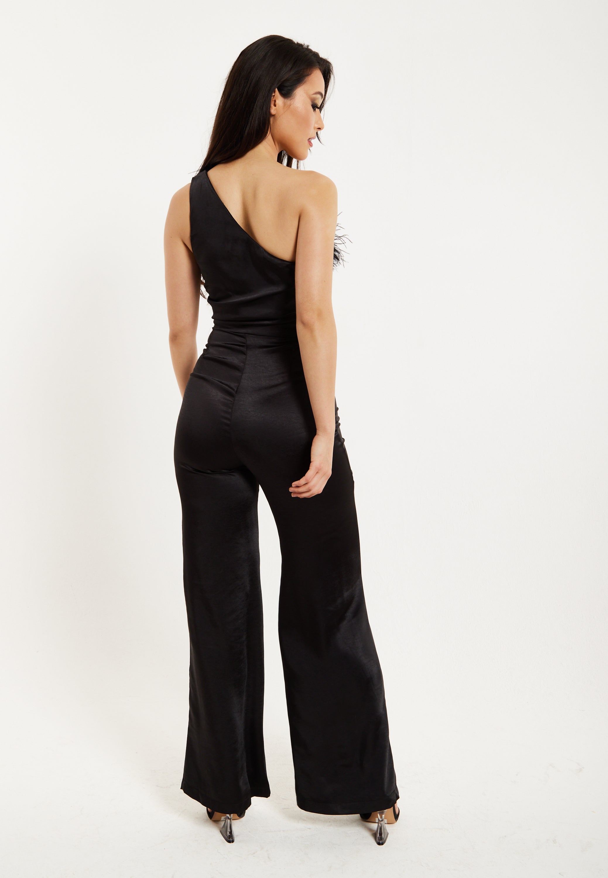 Women’s One Shoulder Slim Fit Black Jumpsuit with Fur Detail and Ruched Bodice - Liquorish