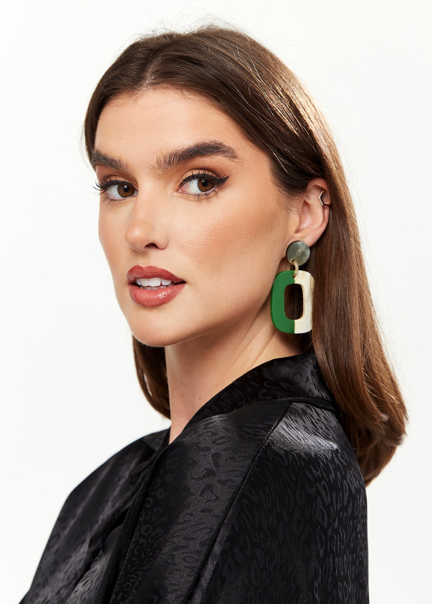Women's Divine Grace Square Hoops with Disc Detail - Green & White, Stylish Angular Design, Versatile for Any Occasion