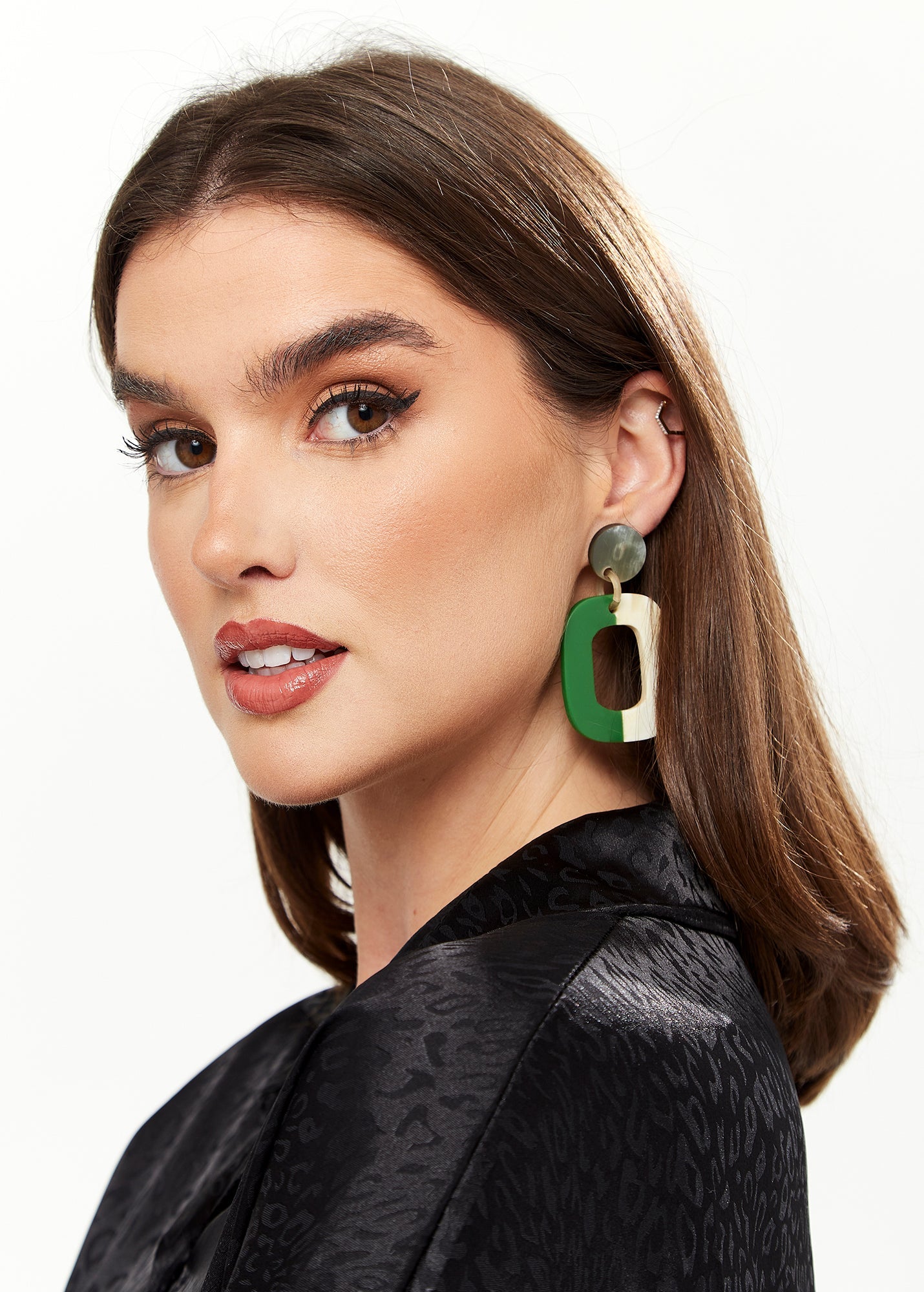 Women's Divine Grace Square Hoops with Disc Detail - Green & White, Stylish Angular Design, Versatile for Any Occasion