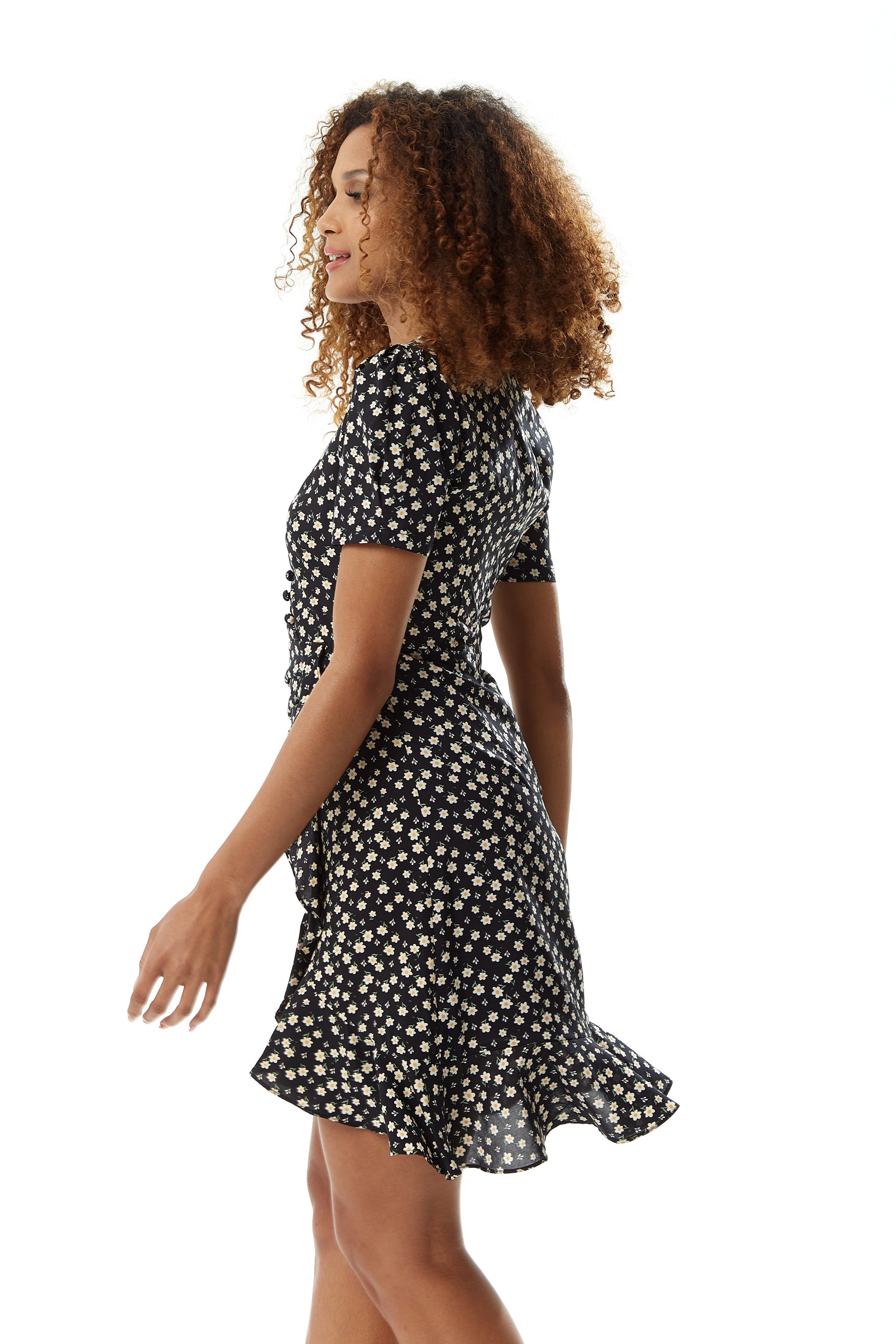 Women's Floral Mini Wrap Dress in Black with Short Sleeves, Button-Up Front, Tie Waist, and Fitted Style for Effortless Elegance