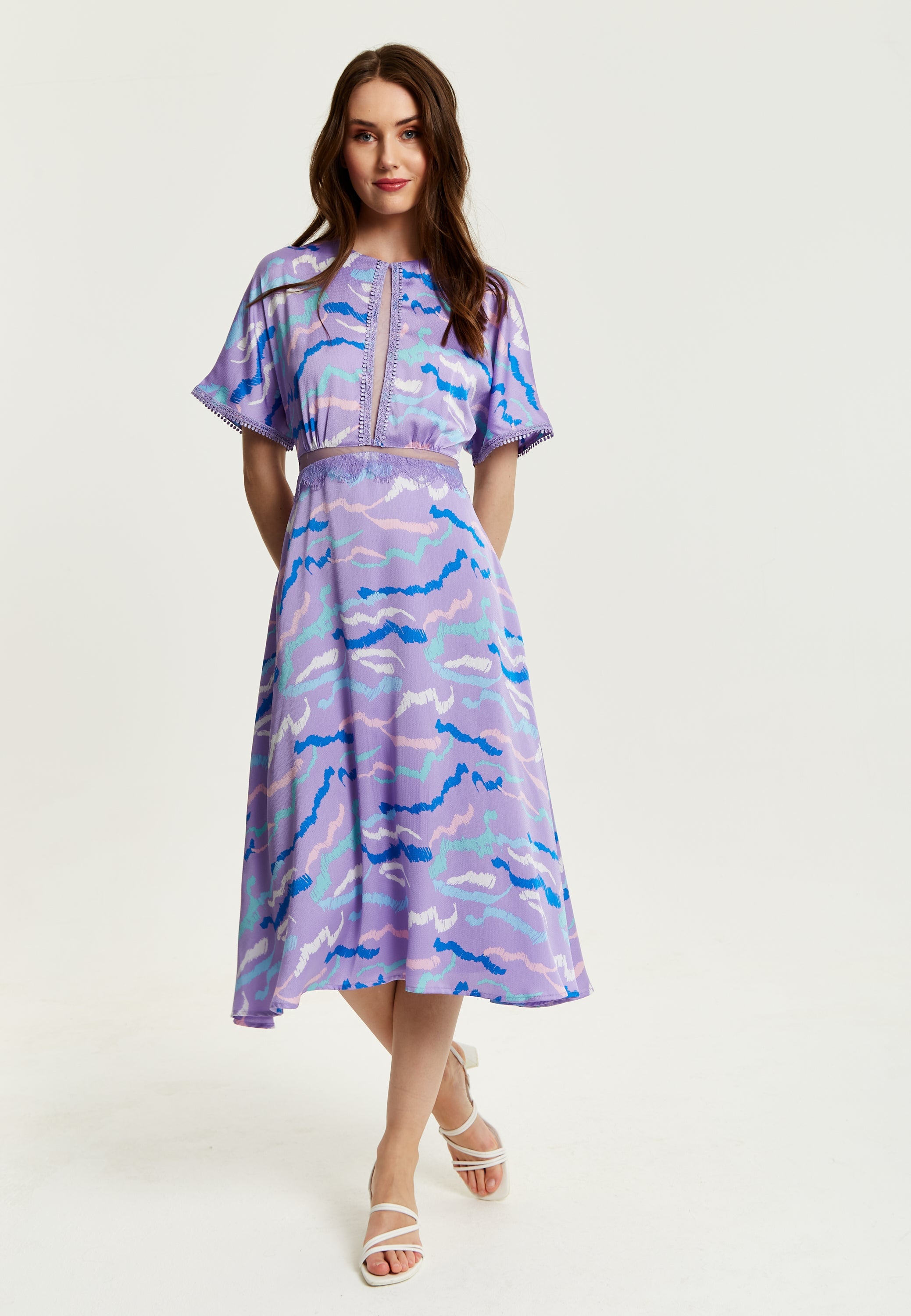 Women's Midi Dress with Mesh Detail in Lilac - Abstract Zebra Print, Short Sleeves, Stylish and Chic by Liquorish
