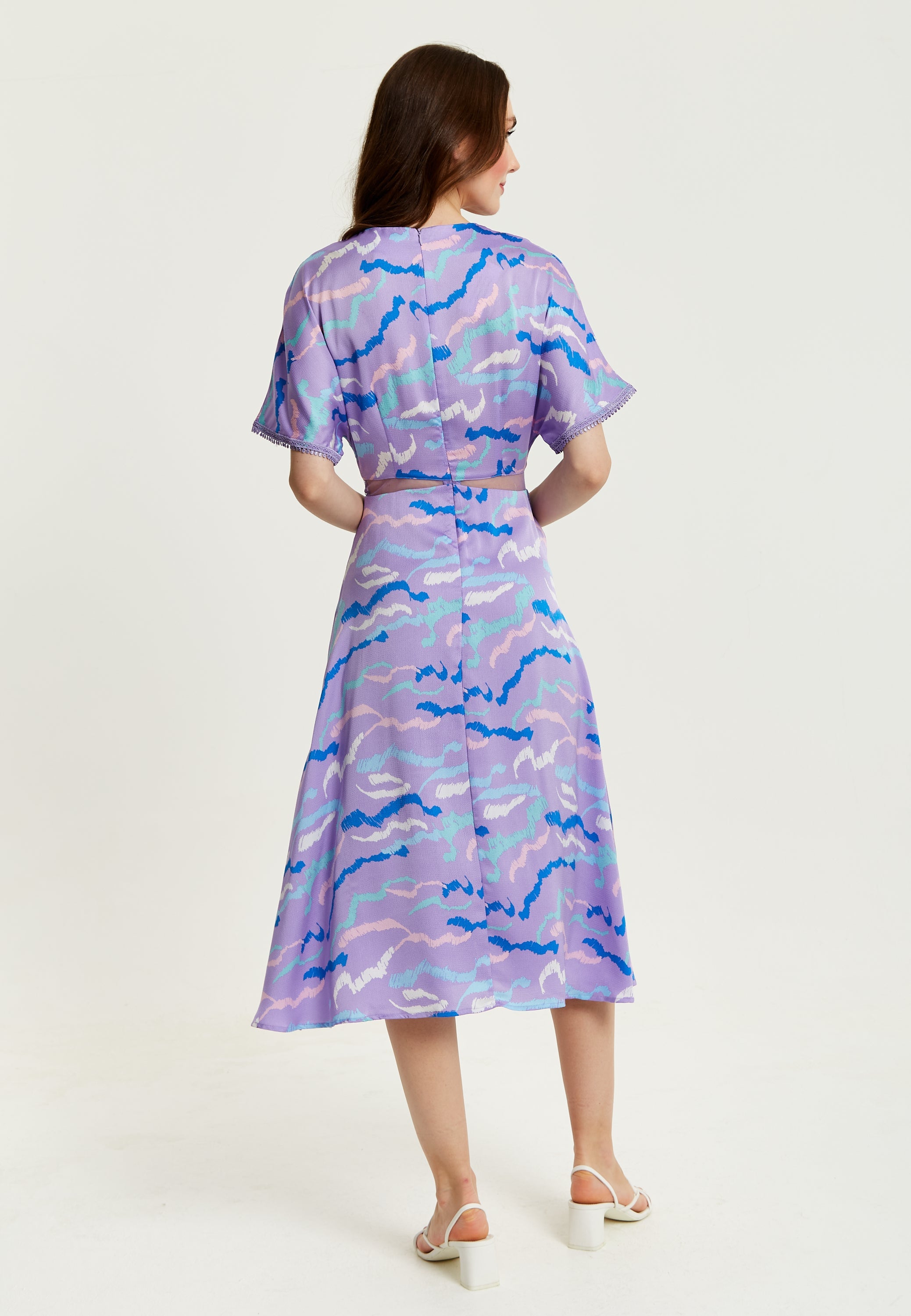 Women's Midi Dress with Mesh Detail in Lilac - Abstract Zebra Print, Short Sleeves, Stylish and Chic by Liquorish