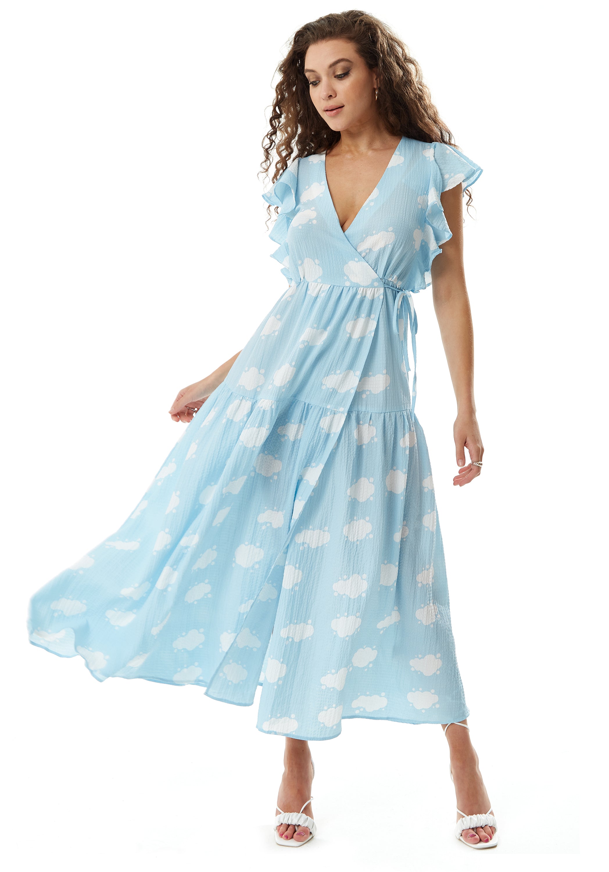Women’s Midi Wrap Dress with Frill Short Sleeves in Blue - Cloud Print Tie Waist Elegance for Weddings by Liquorish