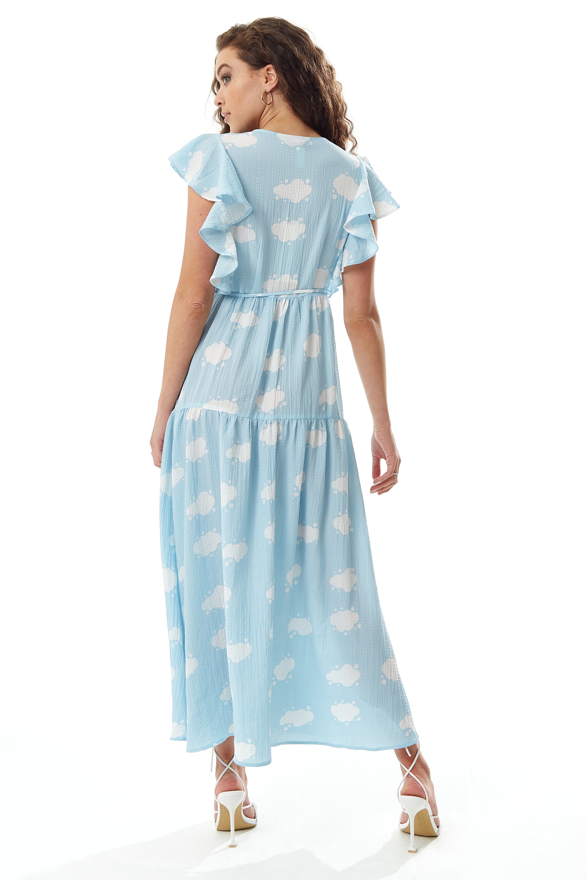 Women’s Midi Wrap Dress with Frill Short Sleeves in Blue - Cloud Print Tie Waist Elegance for Weddings by Liquorish