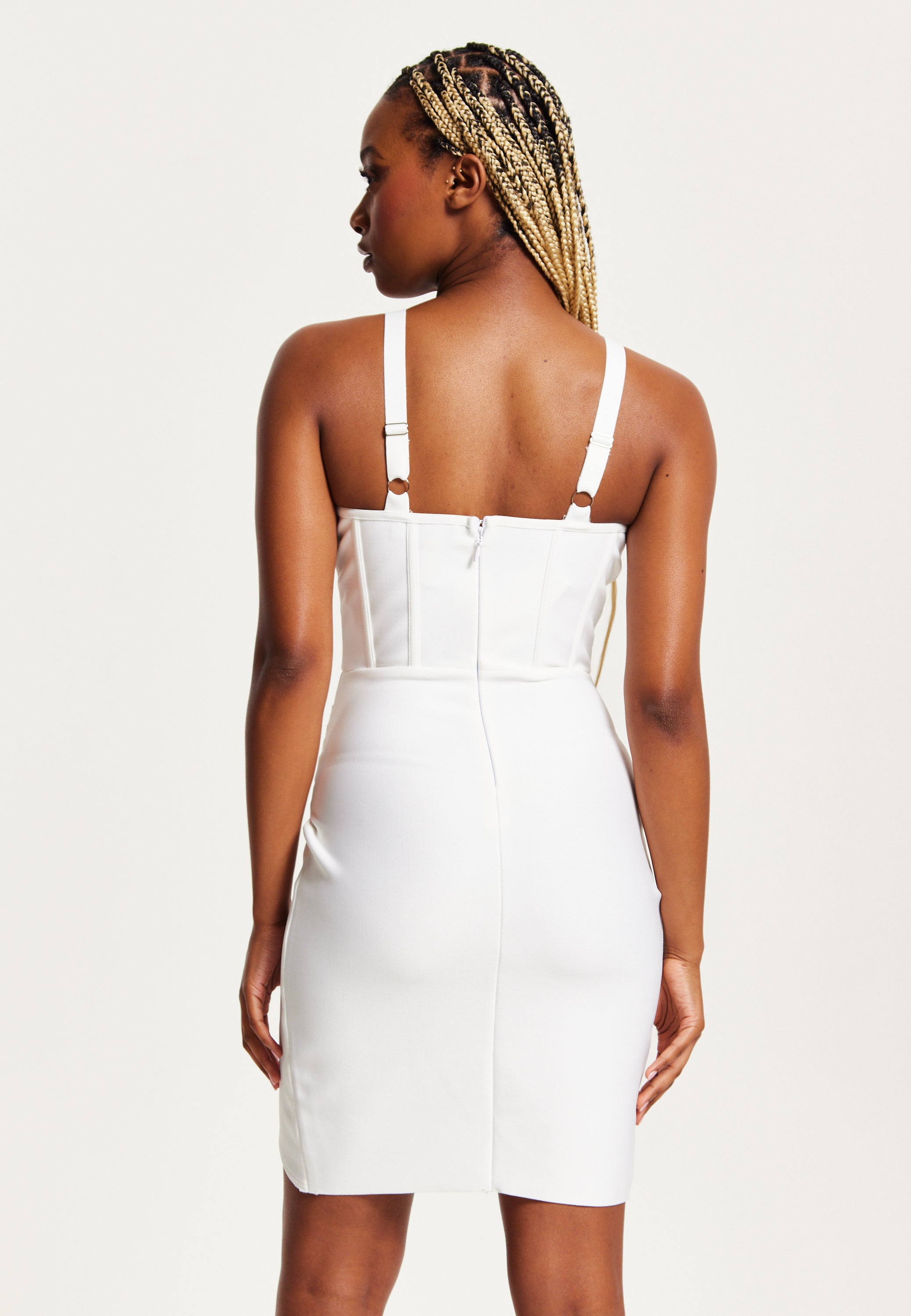 Women's Mini Corset Dress, Sleeveless V-Neck, Knitted, White, Bodycon Fit