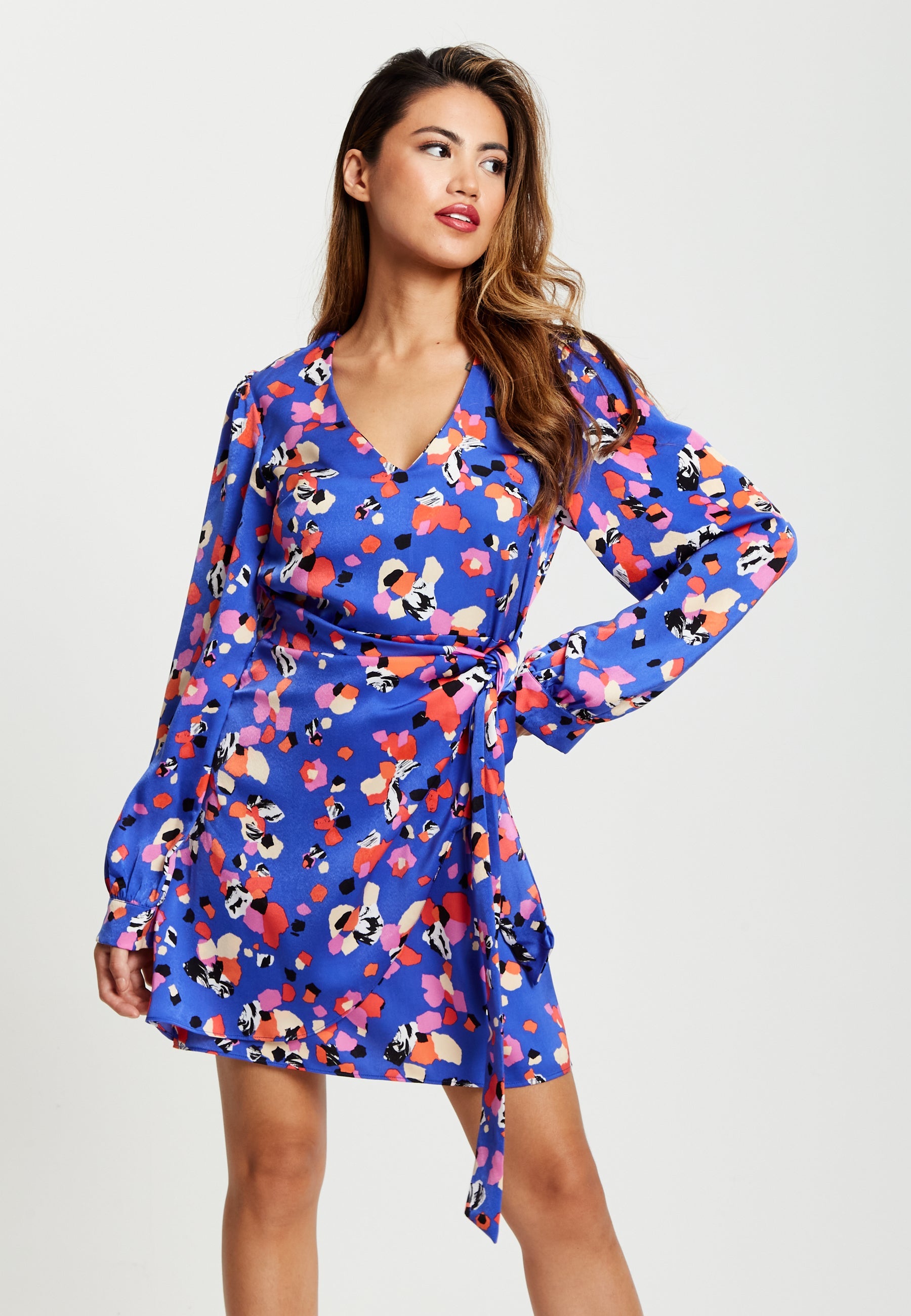 Women's Mini Dress with Long Balloon Sleeves in Multicolour Abstract Dot Print - Elegant Wrap Style by Liquorish