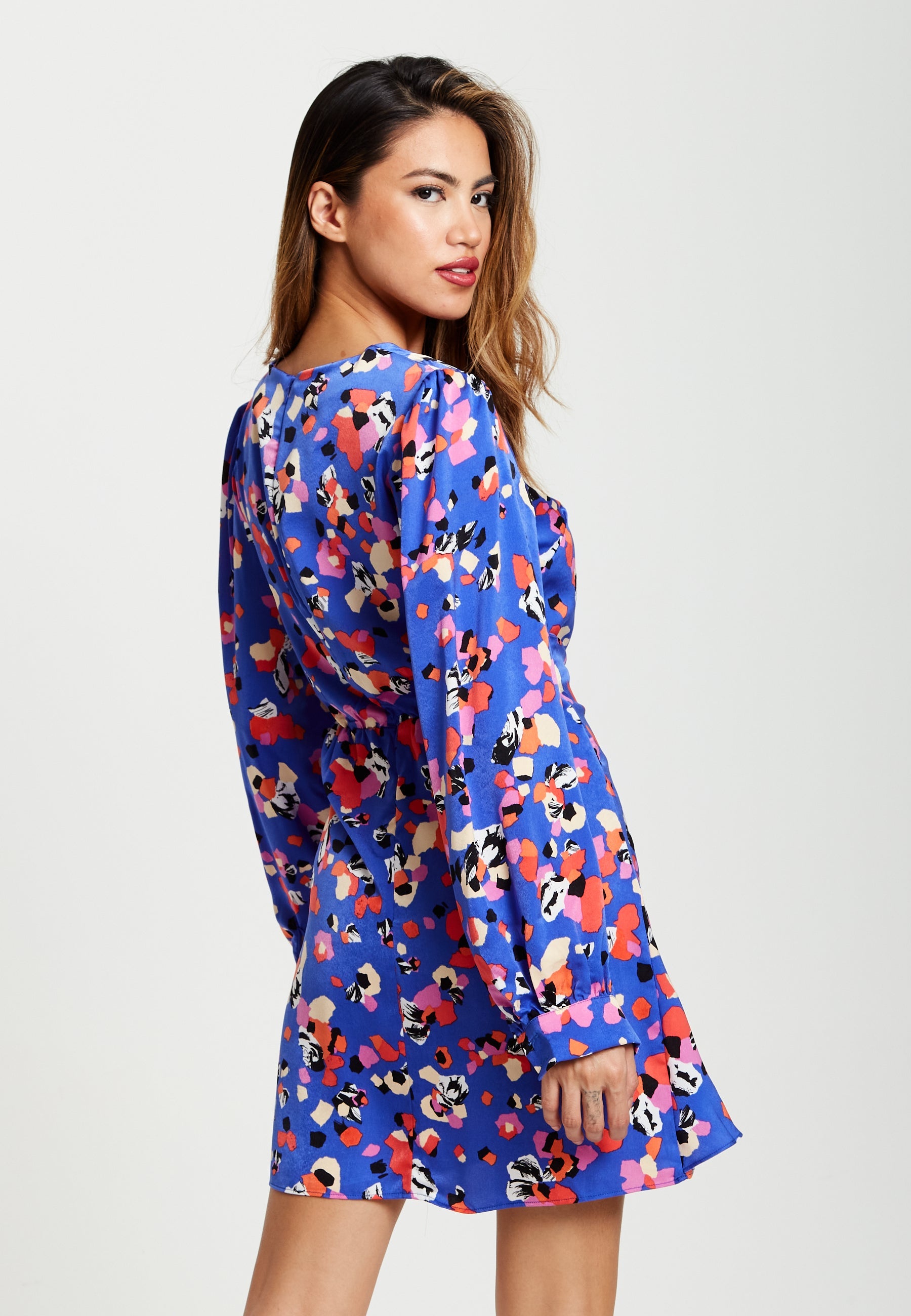 Women's Mini Dress with Long Balloon Sleeves in Multicolour Abstract Dot Print - Elegant Wrap Style by Liquorish