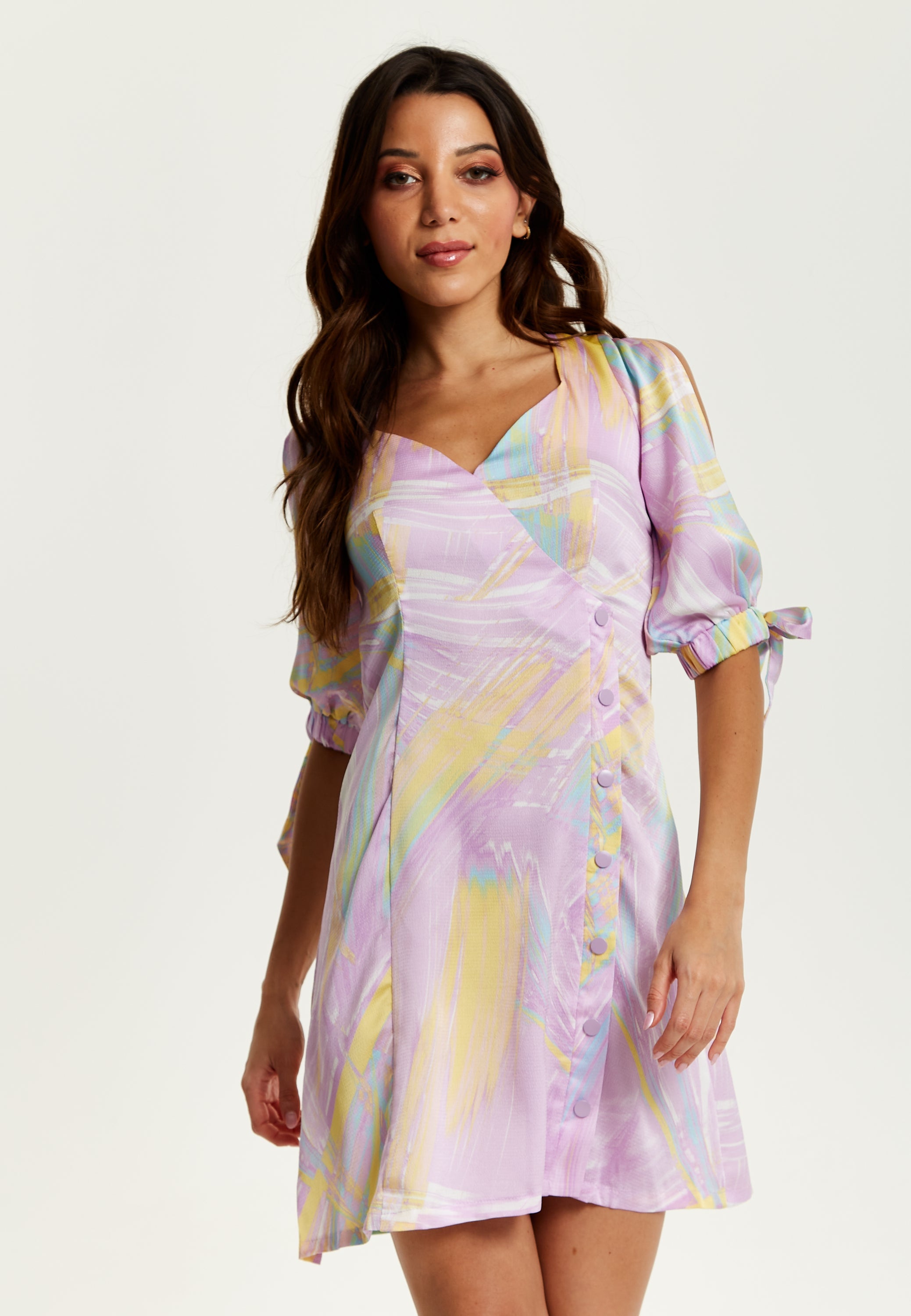Women's Mini Dress in Lilac with V Neck, Tie Back, Tie Sleeves, and Abstract Print - Liquorish