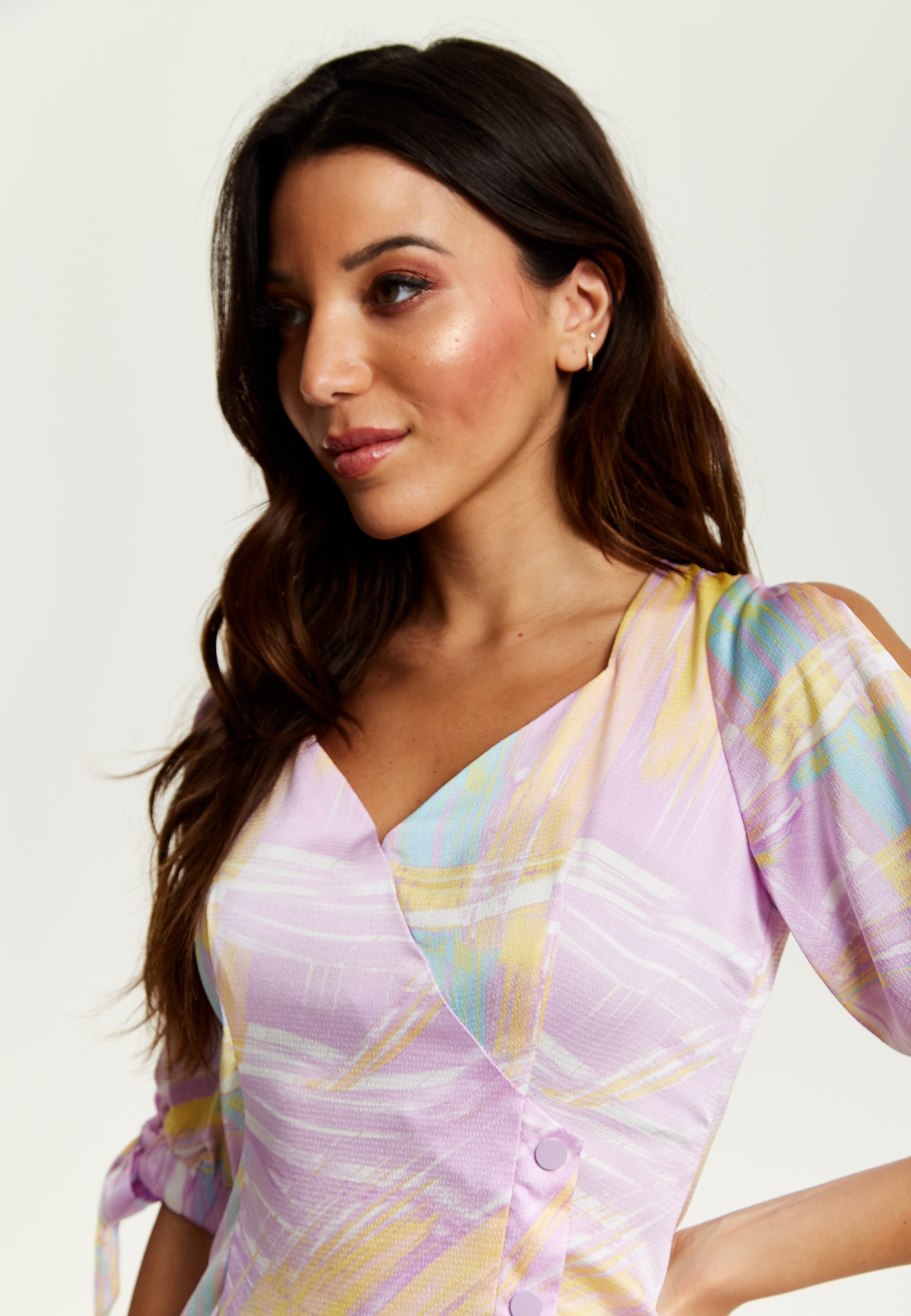 Women's Mini Dress in Lilac with V Neck, Tie Back, Tie Sleeves, and Abstract Print - Liquorish