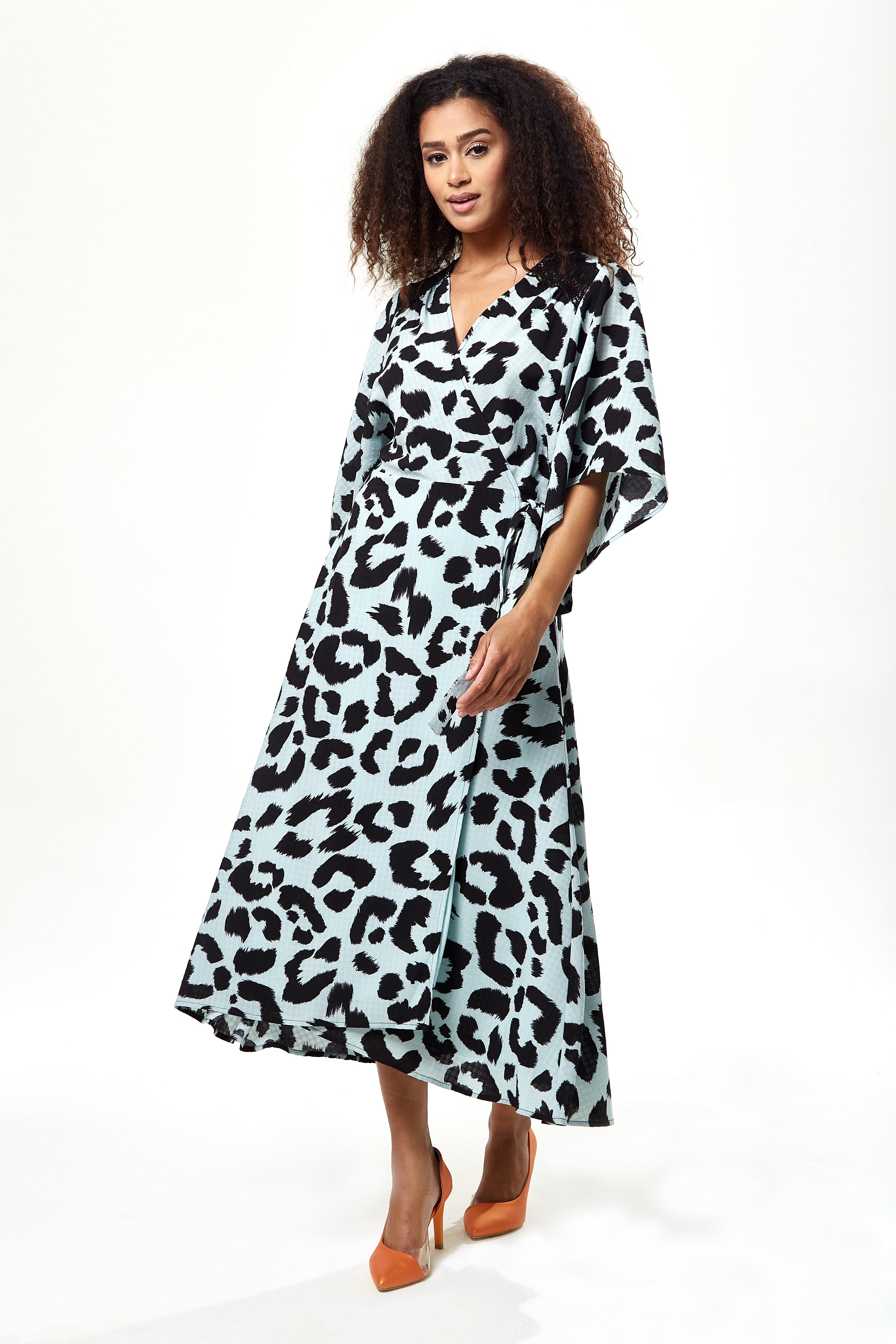 Women's Maxi Dress in Blue with Kimono Sleeves and Tie Waist - Liquorish Animal Print