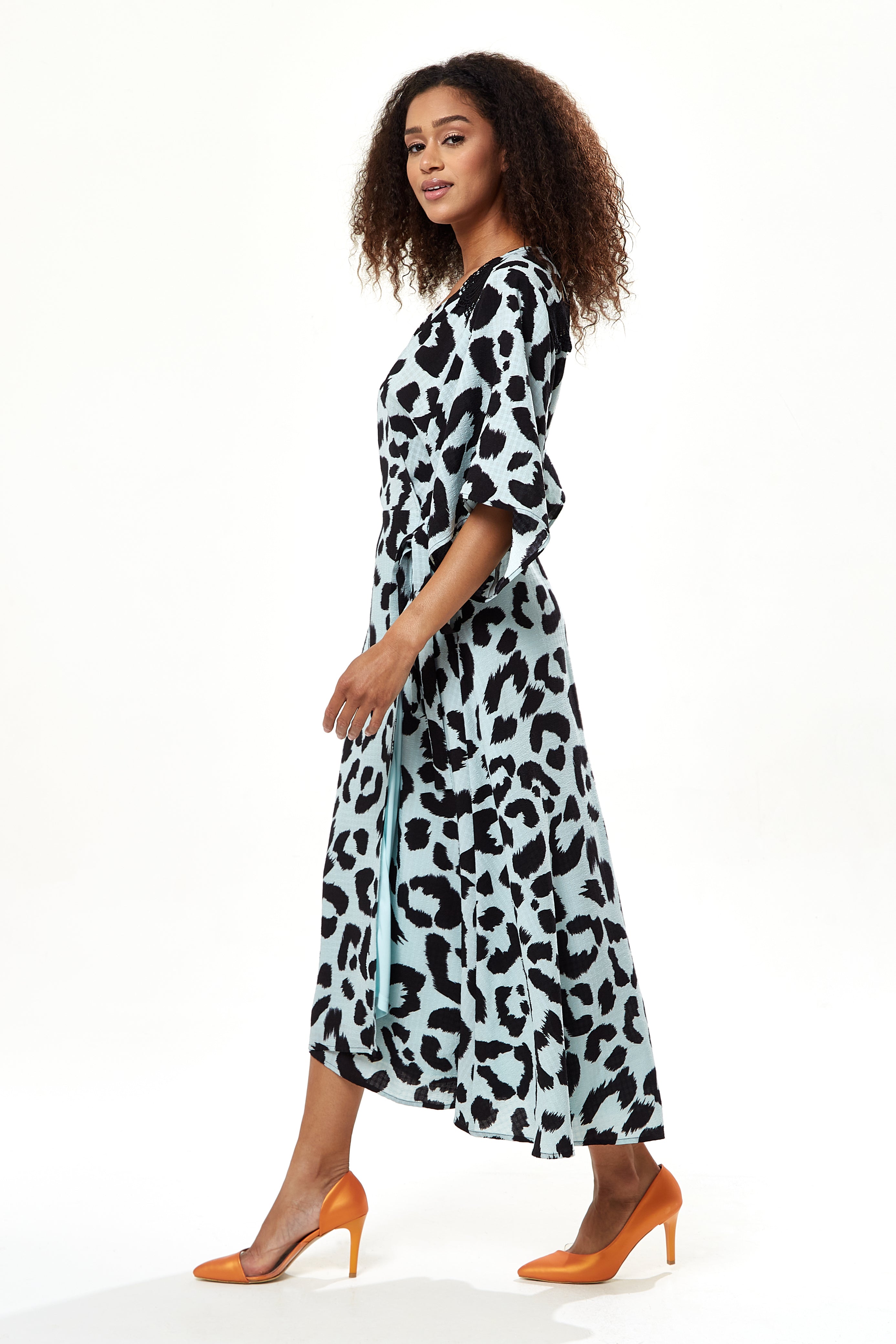 Women's Maxi Dress in Blue with Kimono Sleeves and Tie Waist - Liquorish Animal Print
