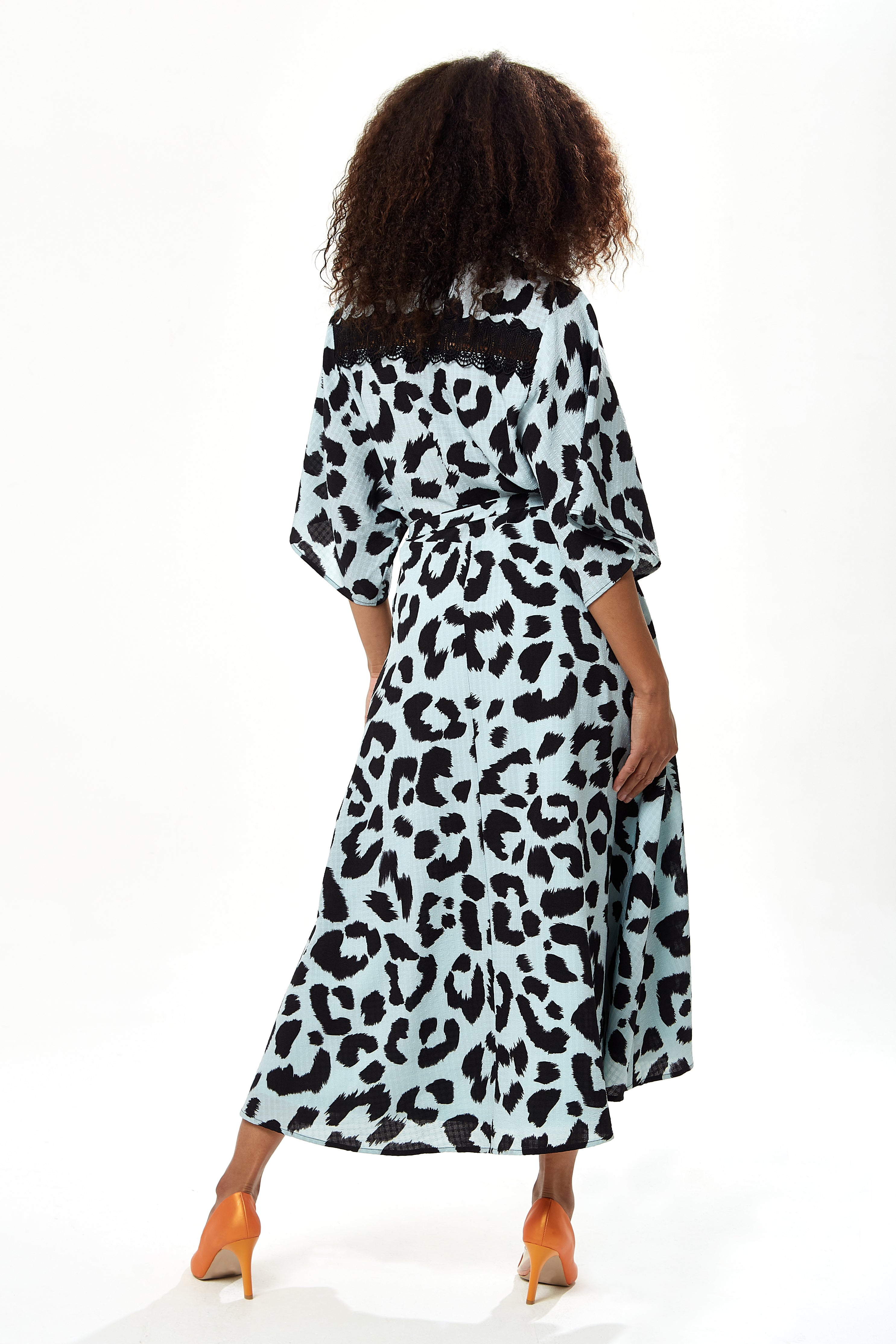 Women's Maxi Dress in Blue with Kimono Sleeves and Tie Waist - Liquorish Animal Print