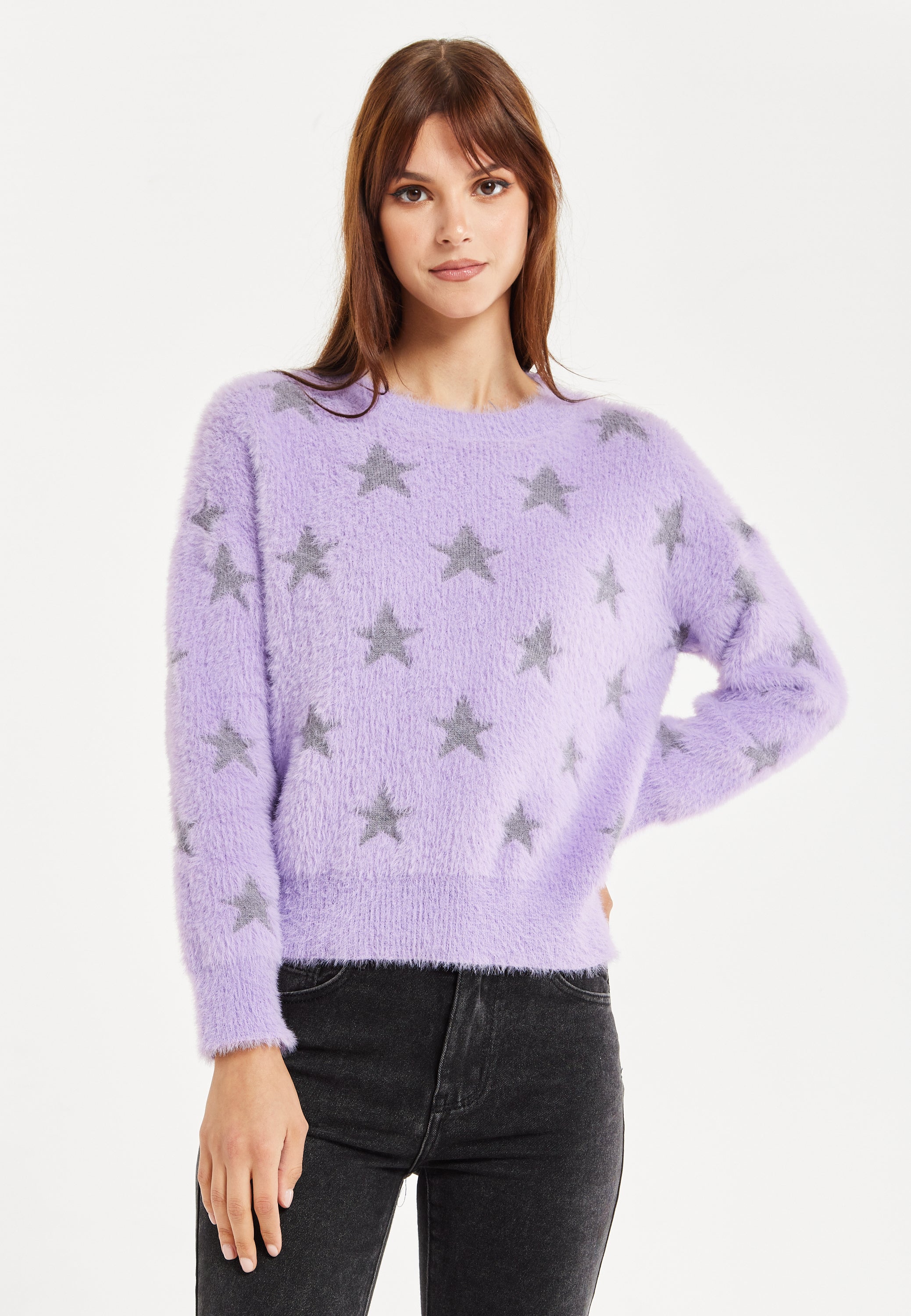 Women’s Jumper in Lilac with Fluffy Grey Star Pattern
