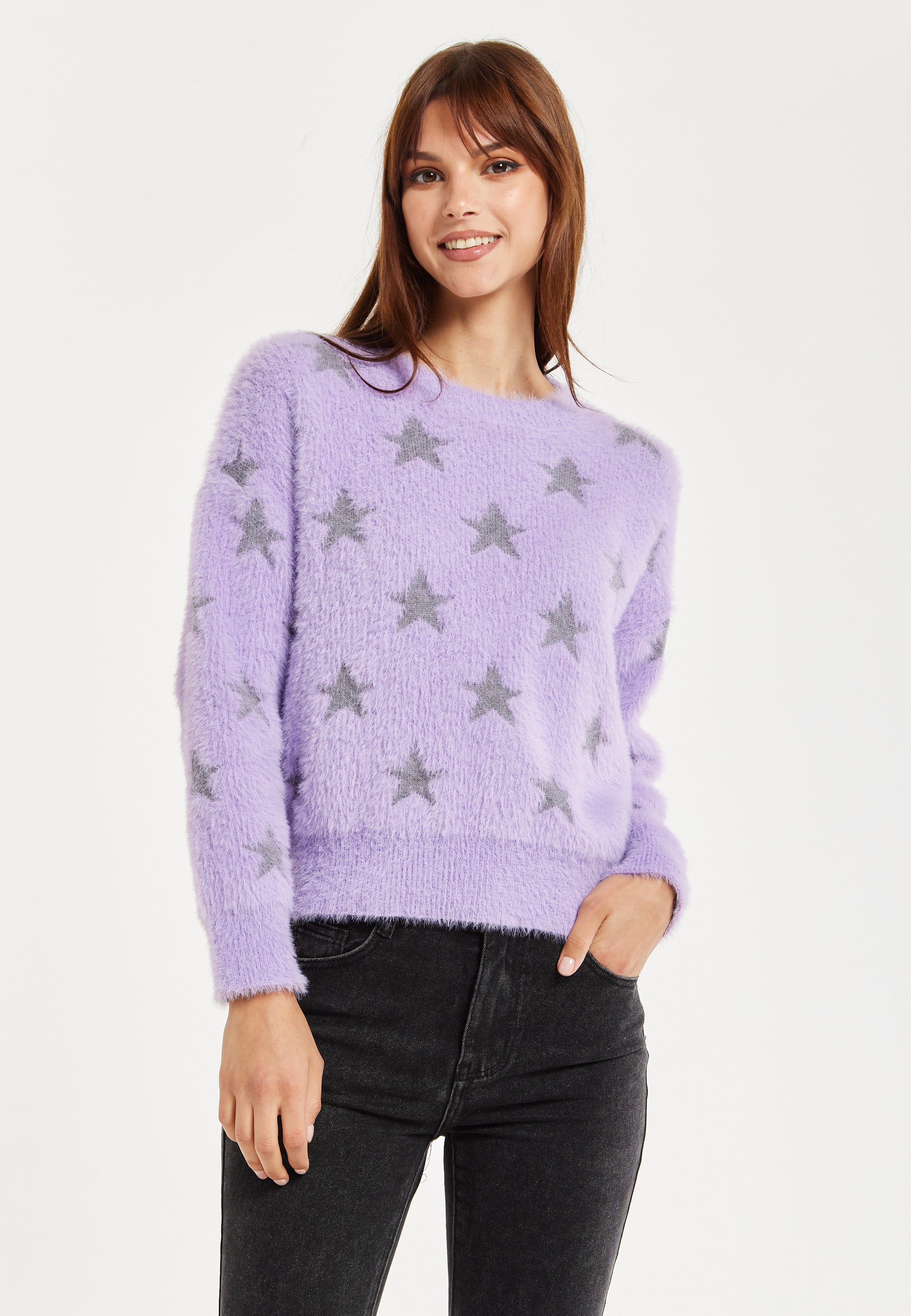 Women’s Jumper in Lilac with Fluffy Grey Star Pattern