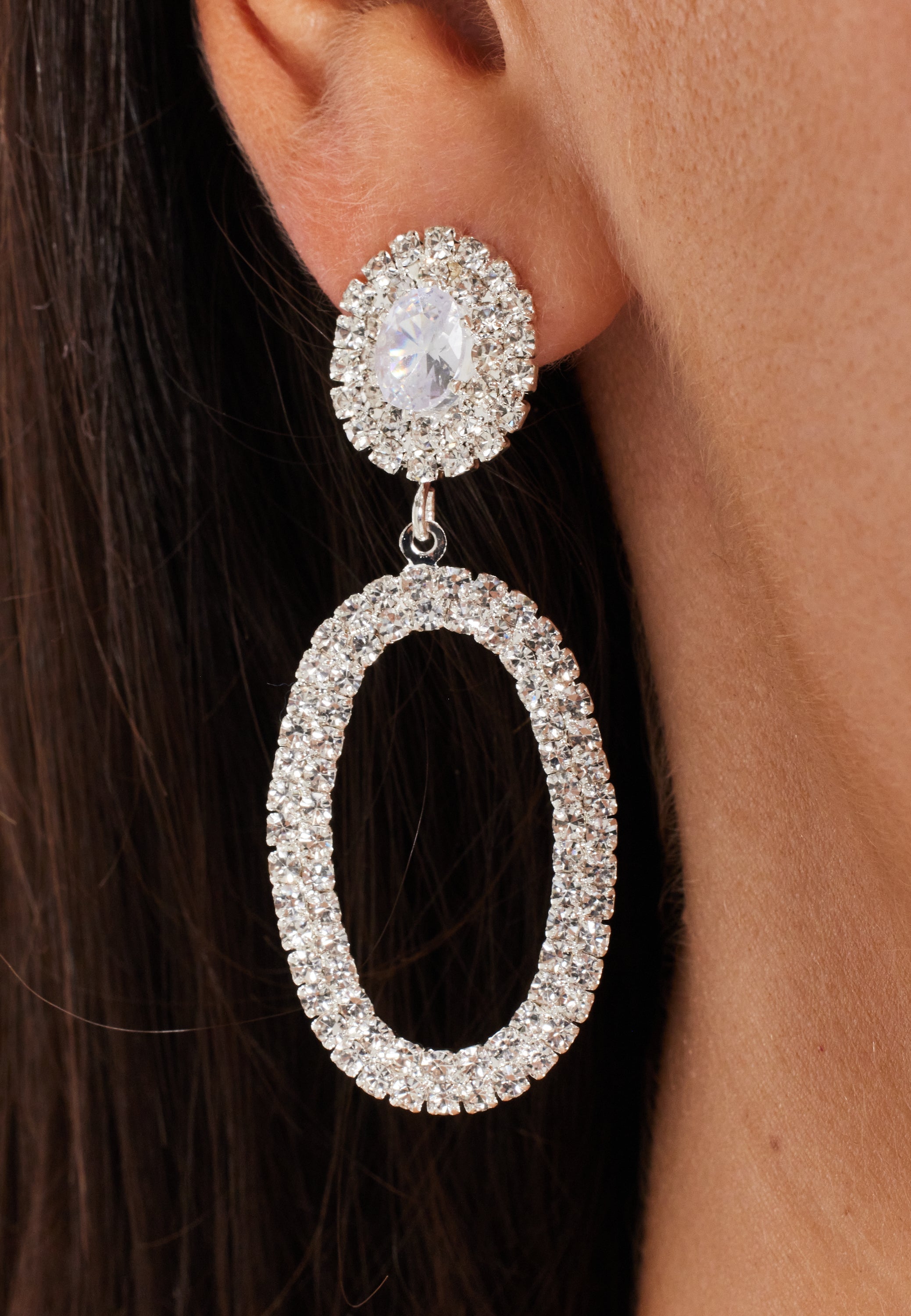 Silver Rhinestone Large Dangle Earrings