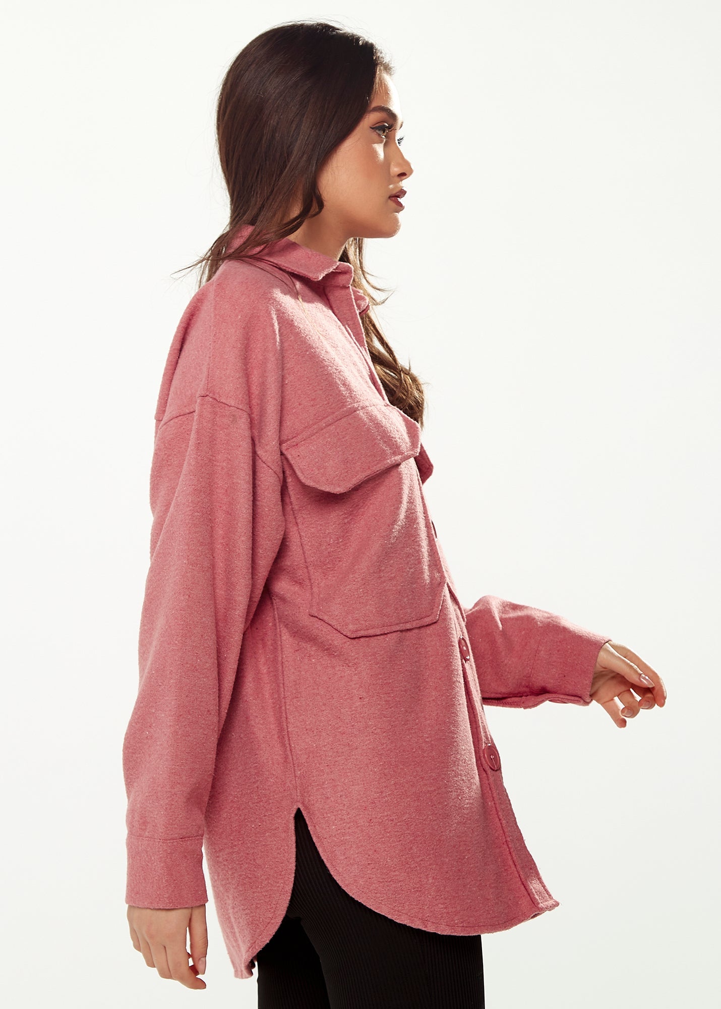 Women’s Shirt Jacket with Oversized Pocket in Pink - Classic Button-Up, Collar, Full-Length Sleeves, Oversized Fit