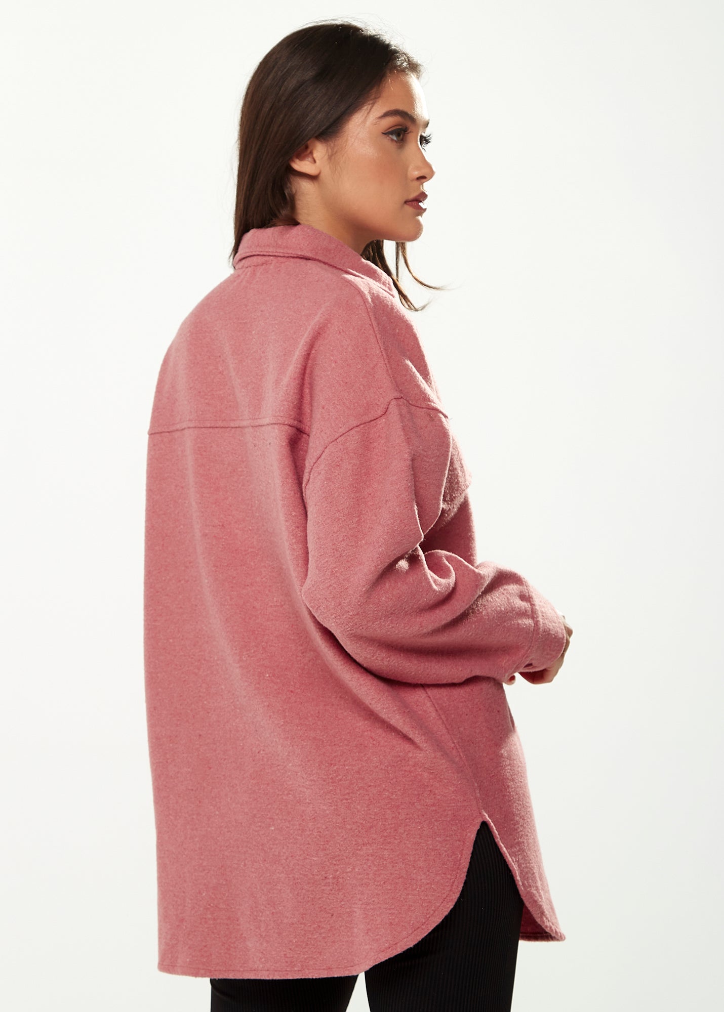 Women’s Shirt Jacket with Oversized Pocket in Pink - Classic Button-Up, Collar, Full-Length Sleeves, Oversized Fit
