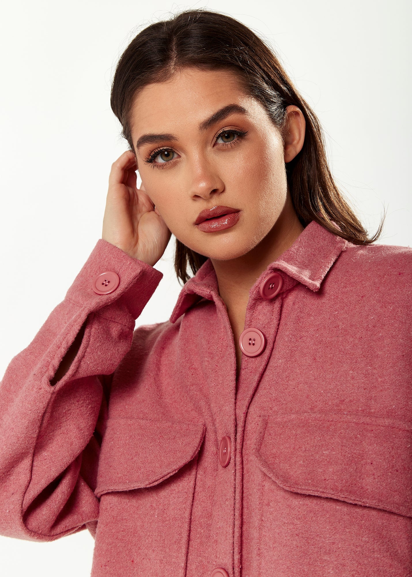 Women’s Shirt Jacket with Oversized Pocket in Pink - Classic Button-Up, Collar, Full-Length Sleeves, Oversized Fit