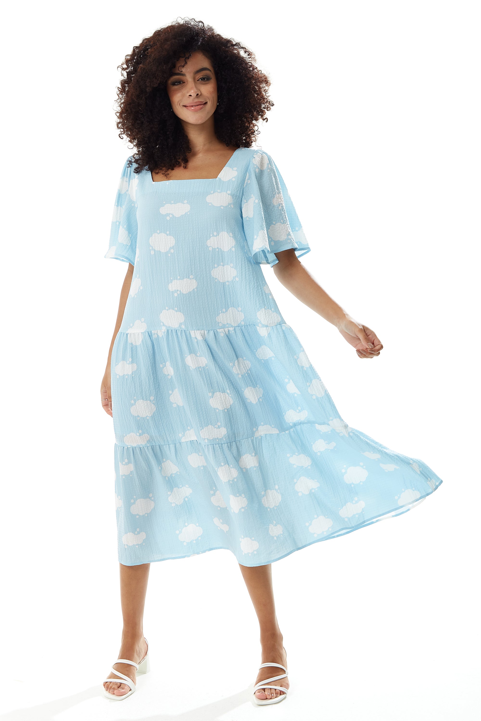 Women's Midi Dress with Short Sleeves and Cloud Print in Blue by Liquorish