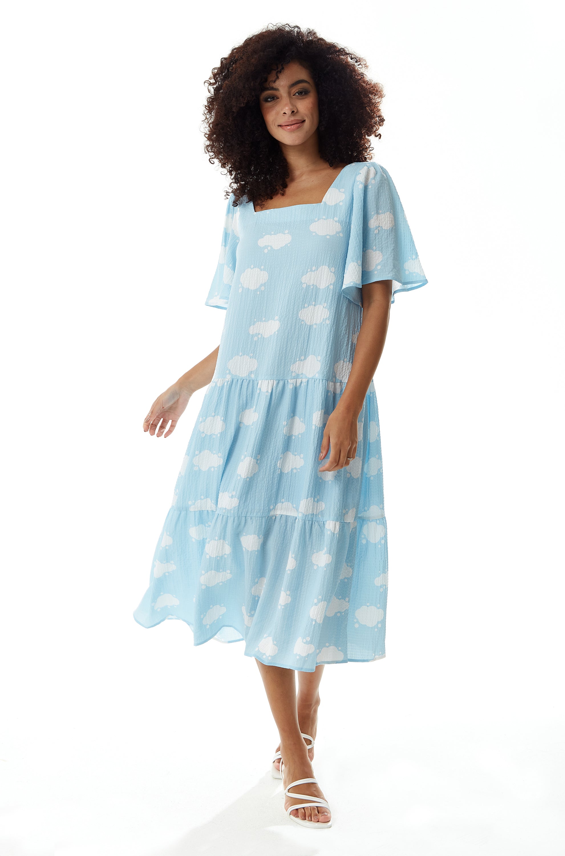 Women's Midi Dress with Short Sleeves and Cloud Print in Blue by Liquorish